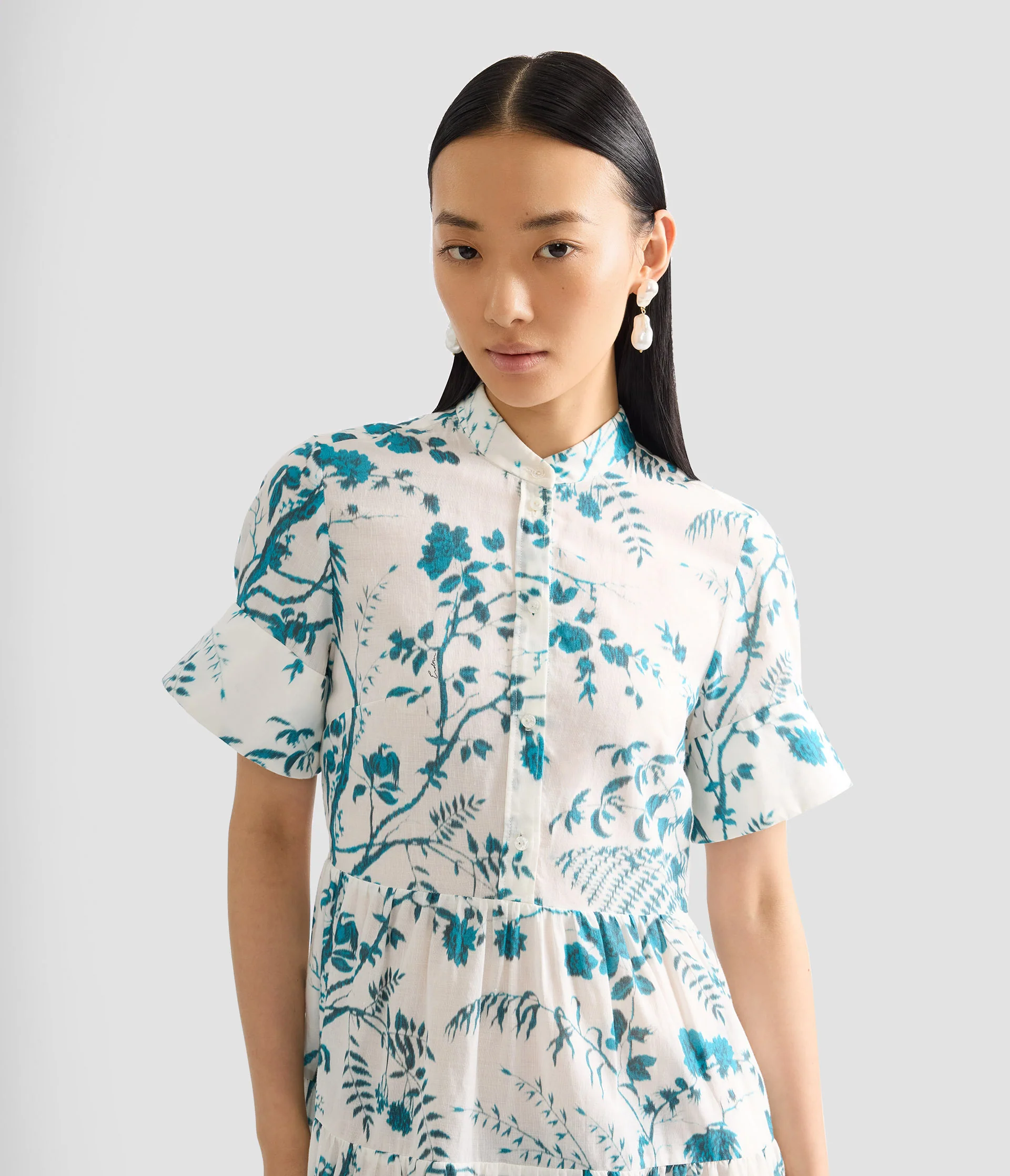 Botanical Print Cotton Linen Tiered Mini Dress - Image 5