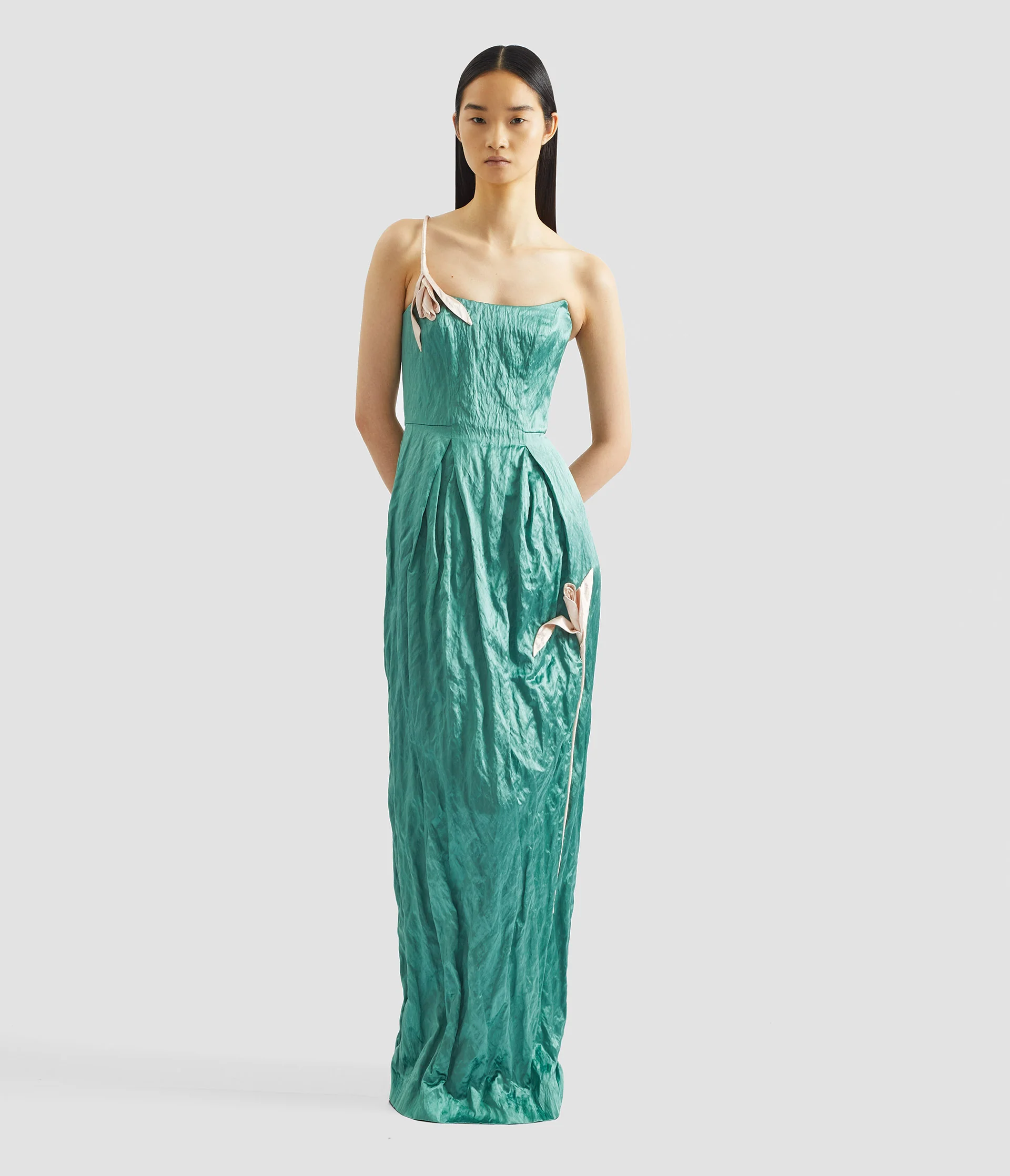 Embroidered Textured Satin Sleeveless Gown - Image 2
