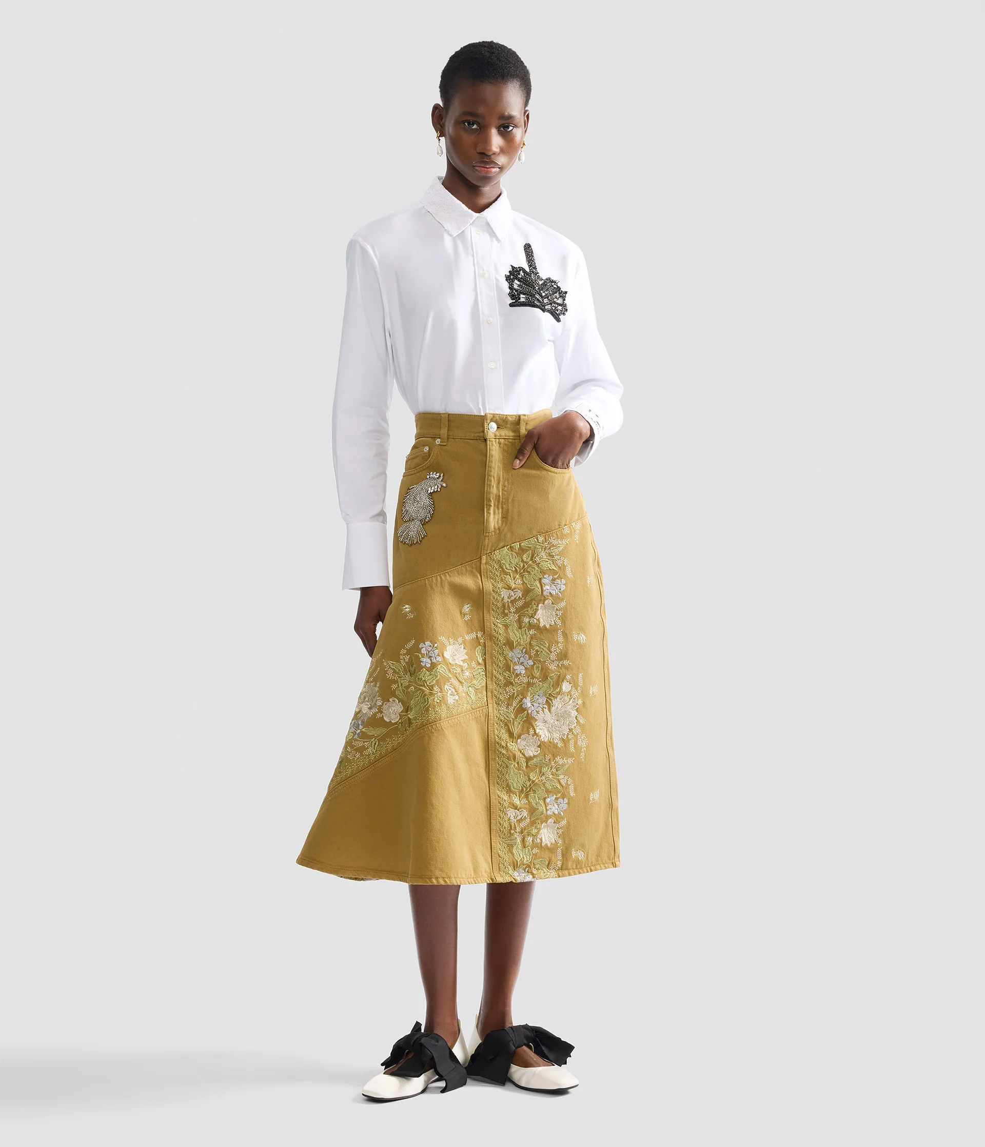 Denim Embroidered Midi Skirt - Image 2