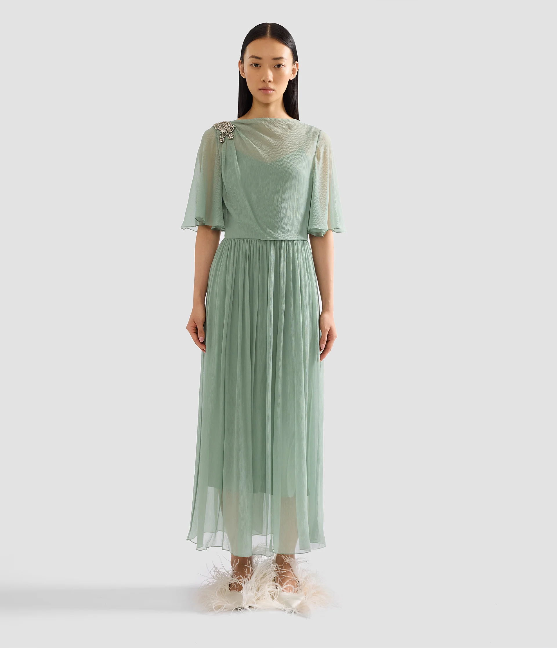 Embellished Silk Creponne Short Sleeve Midi Dress - Image 5