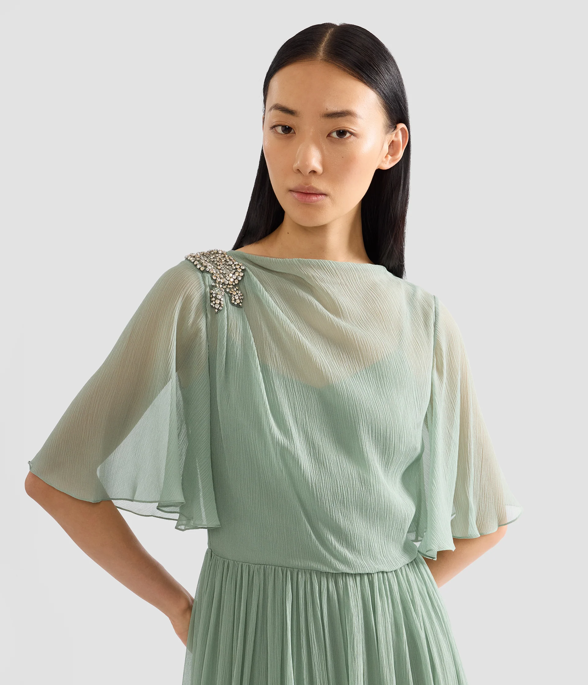 Embellished Silk Creponne Short Sleeve Midi Dress - Image 6