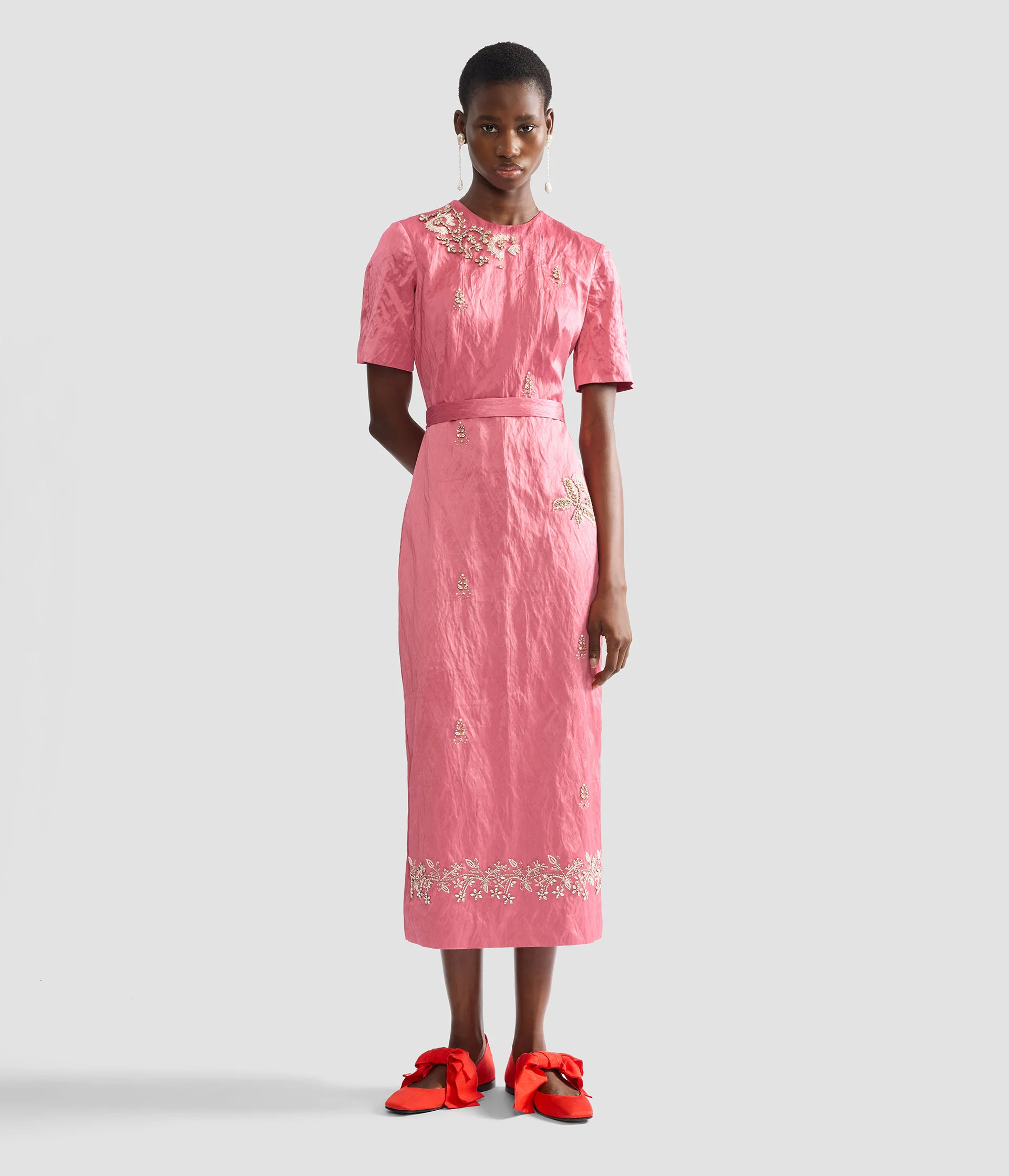 Embellished Textured Satin Midi Pencil Dress - Image 2