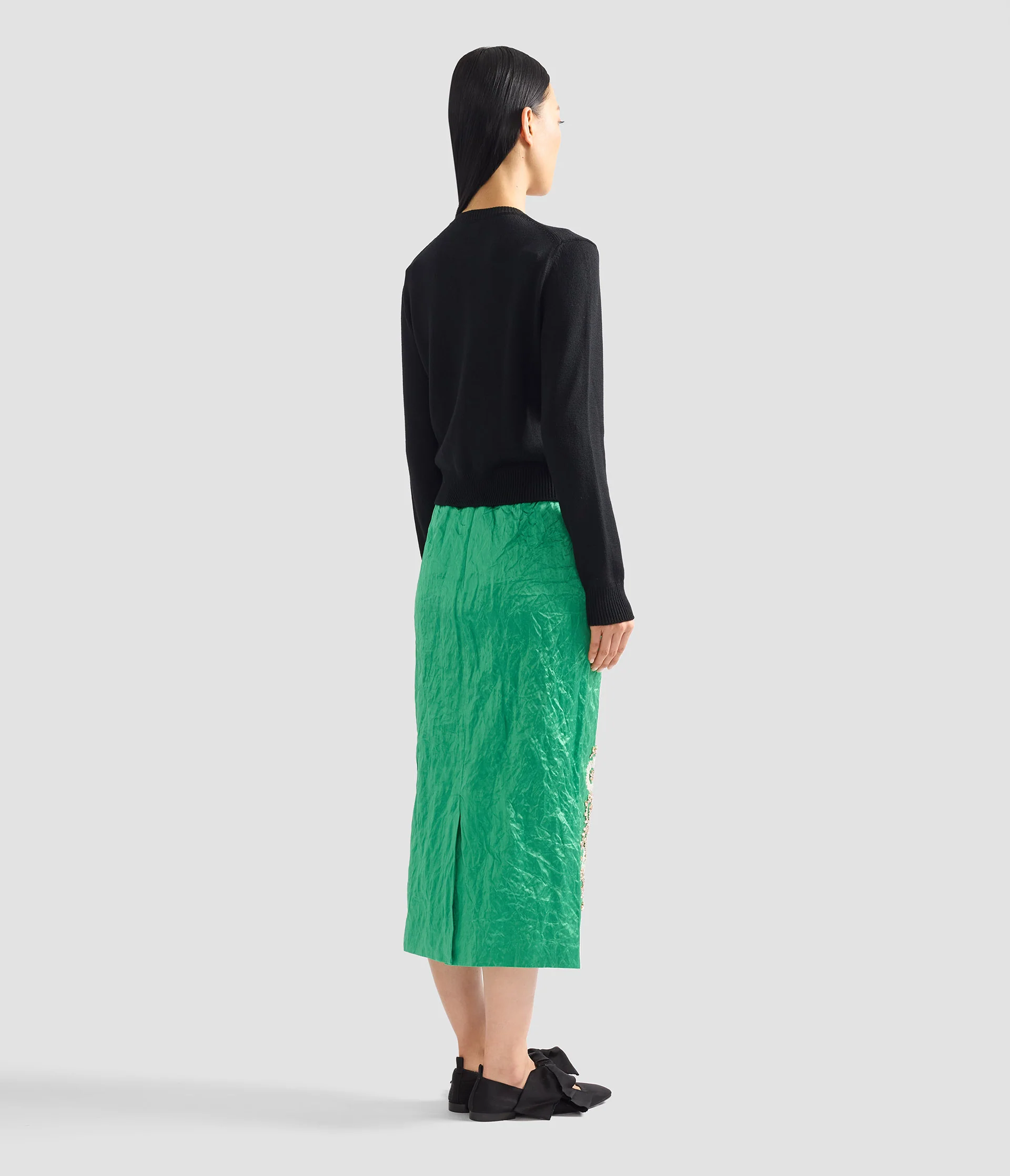 Embellished Textured Satin Midi Pencil Skirt - Image 3