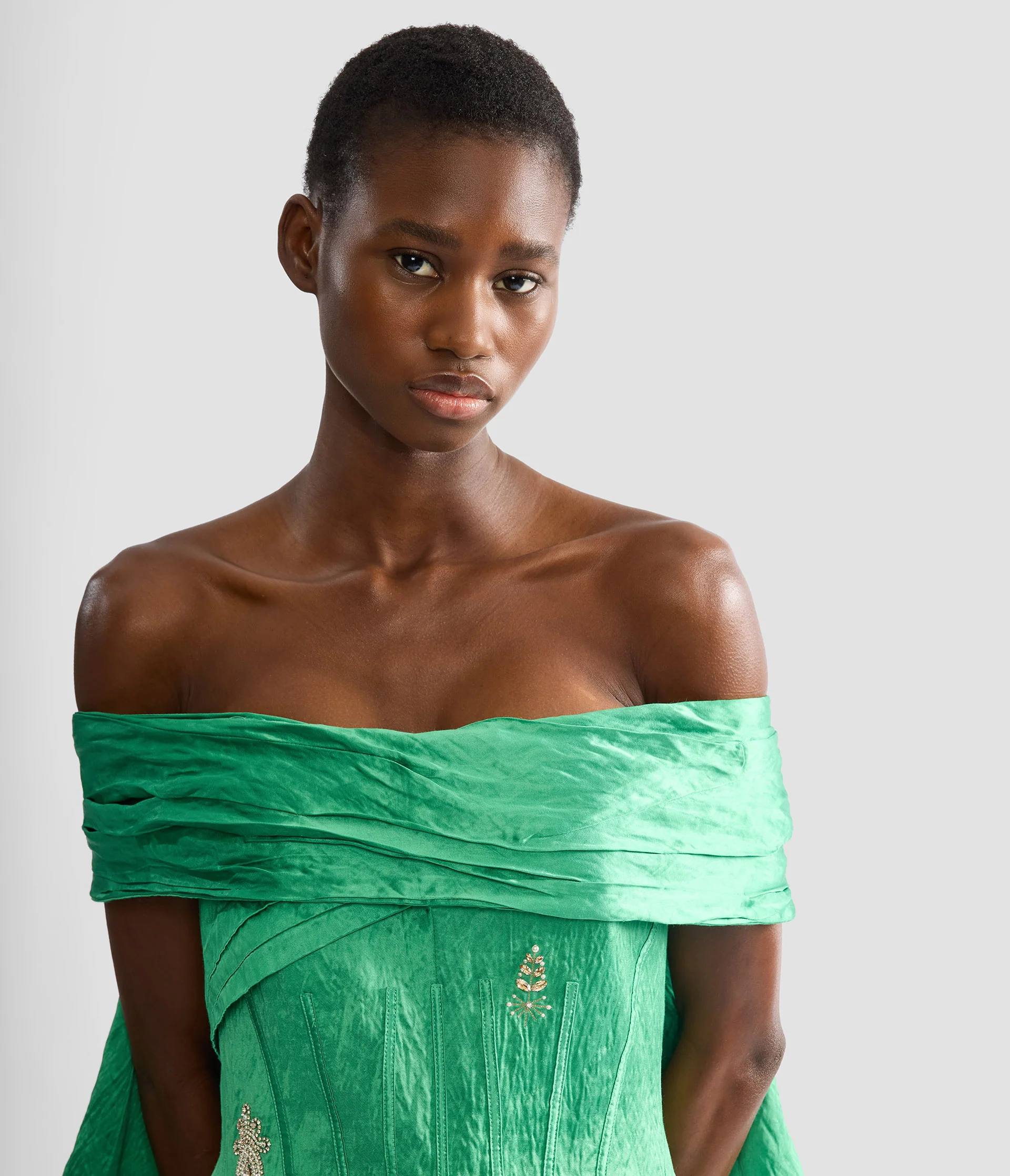 Embellished Textured Satin Off Shoulder Mini Dress - Image 5