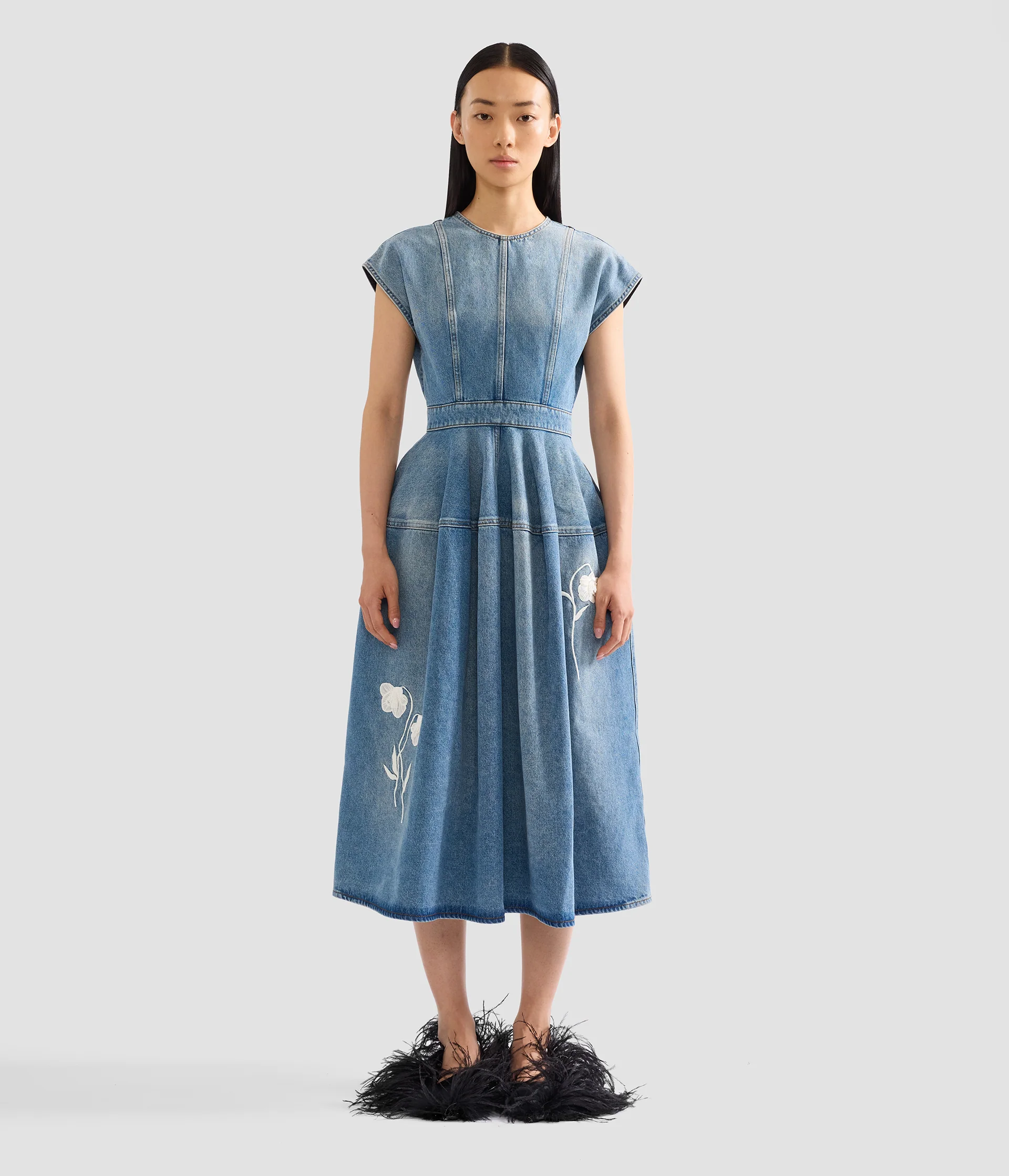 Embroidered Denim Short Sleeve Midi Dress - Image 5