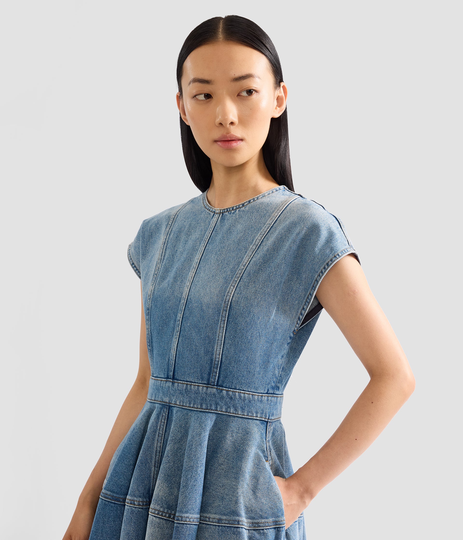 Embroidered Denim Short Sleeve Midi Dress - Image 6
