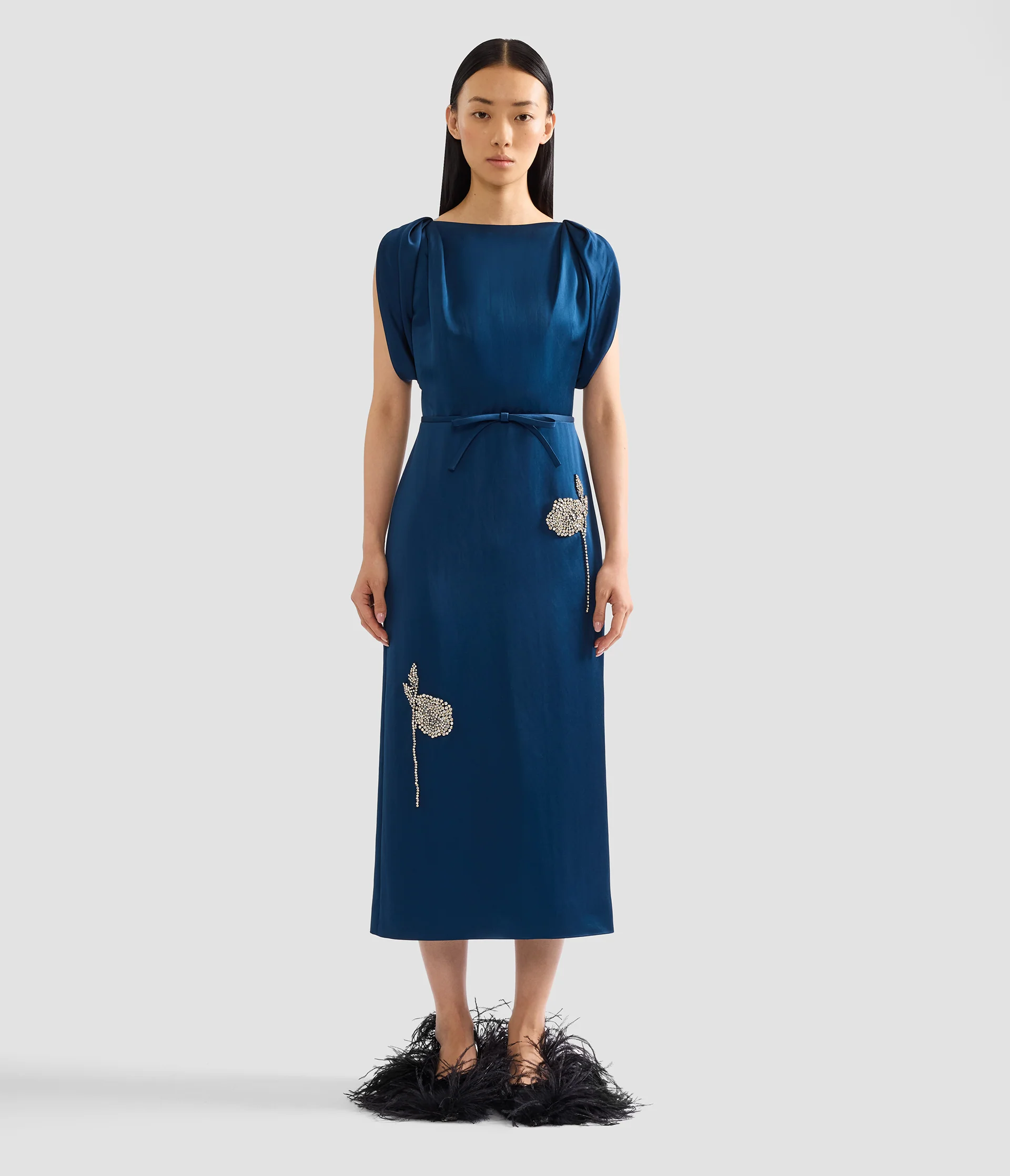 Embroidered Satin Short Sleeve Midi Dress - Image 4