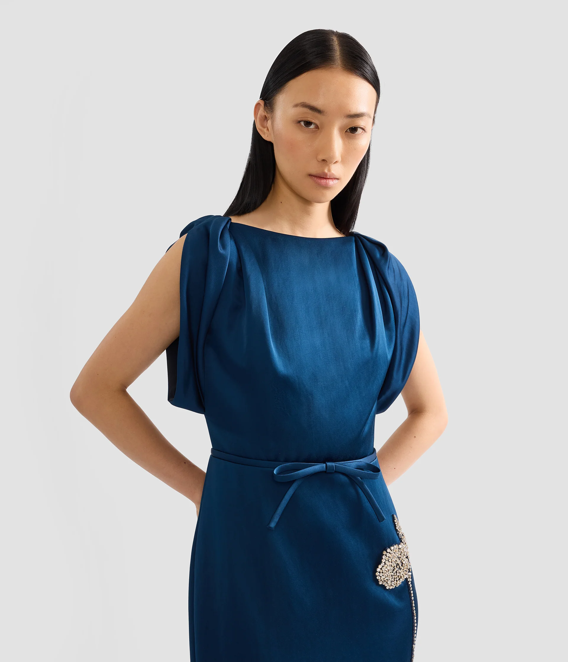 Embroidered Satin Short Sleeve Midi Dress - Image 5