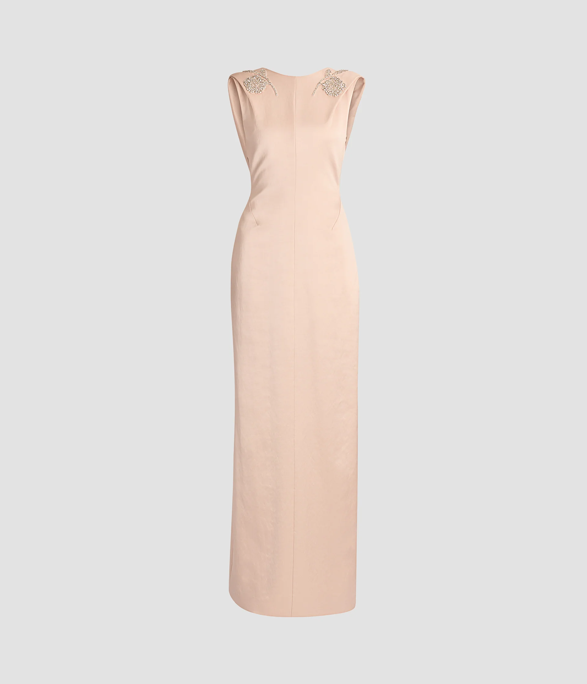 Embroidered Heavy Satin Sleeveless Draped Gown