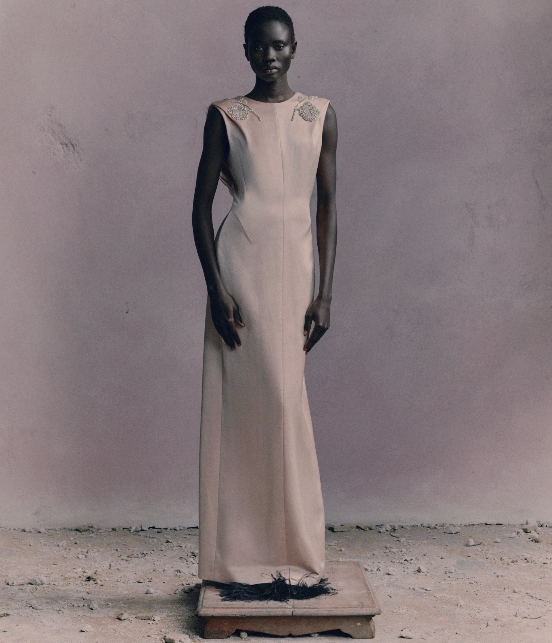Embroidered Heavy Satin Sleeveless Draped Gown - Image 3