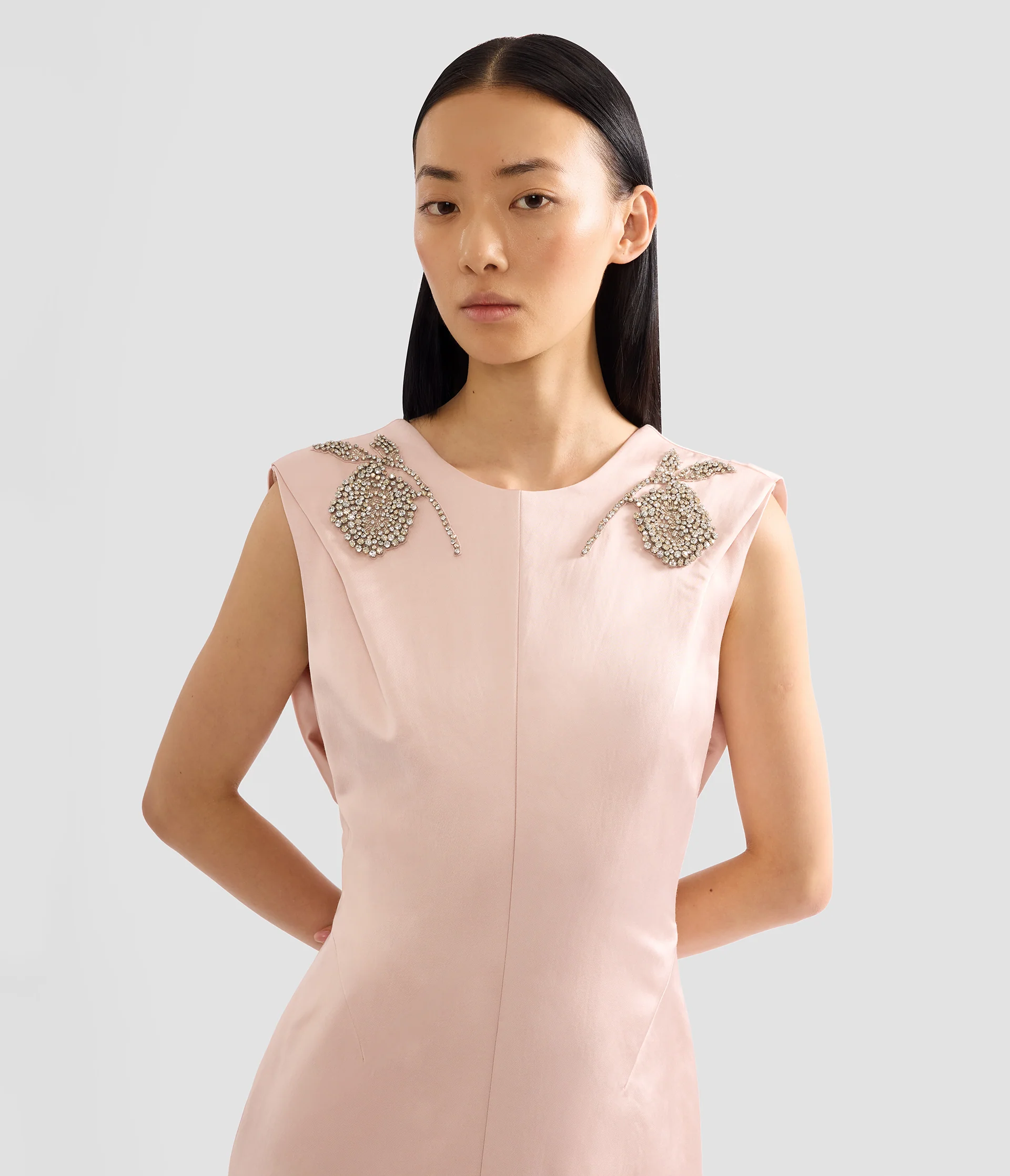 Embroidered Heavy Satin Sleeveless Draped Gown - Image 6