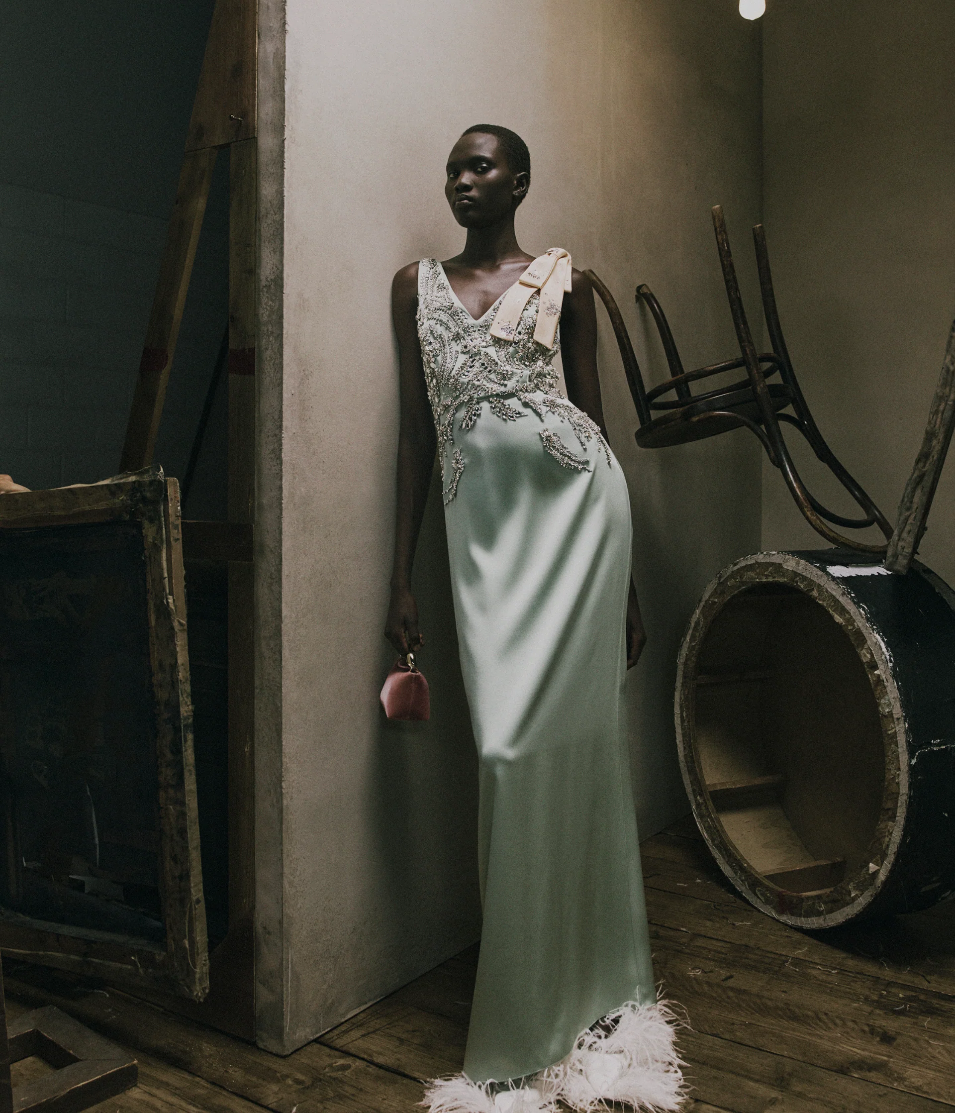 Embroidered Satin Sleeveless Gown - Image 2