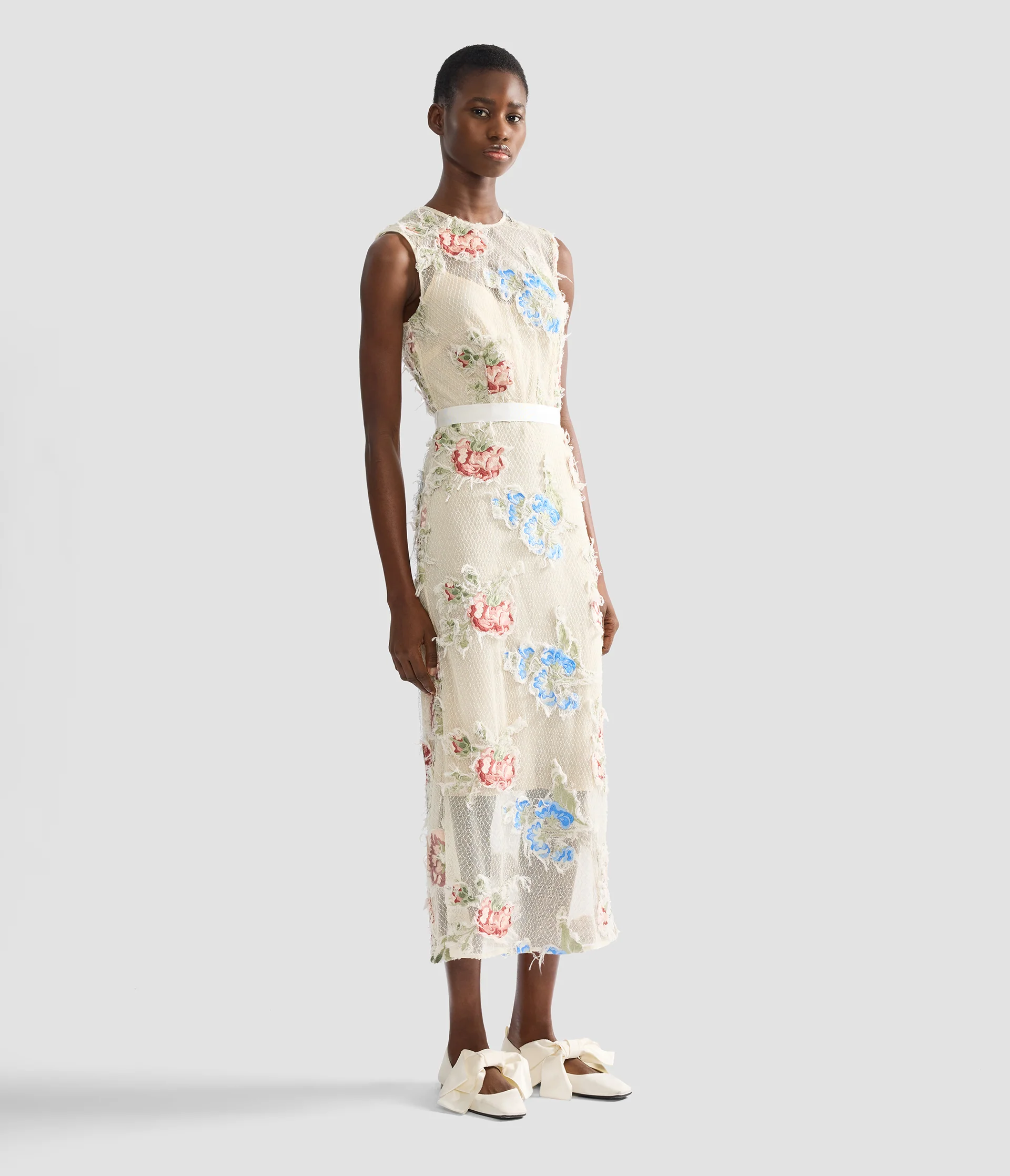 Embroidered Shredded Mesh Pencil Midi Dress - Image 2