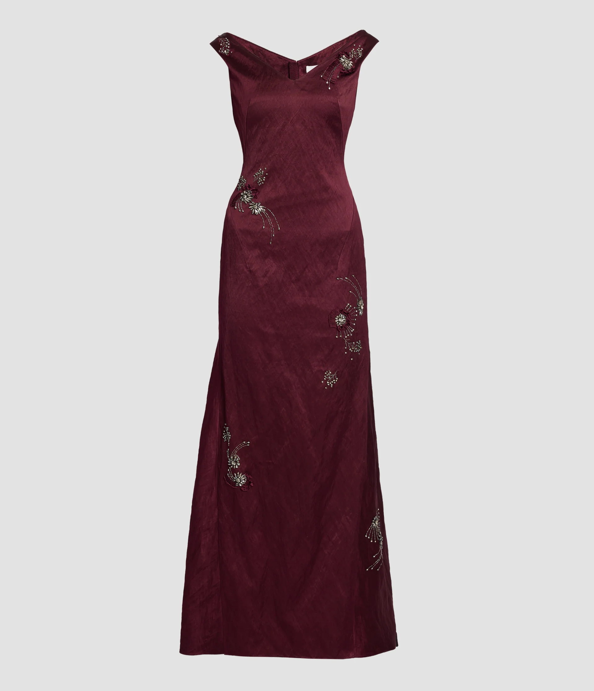 Embroidered Textured Satin Off Shoulder Gown