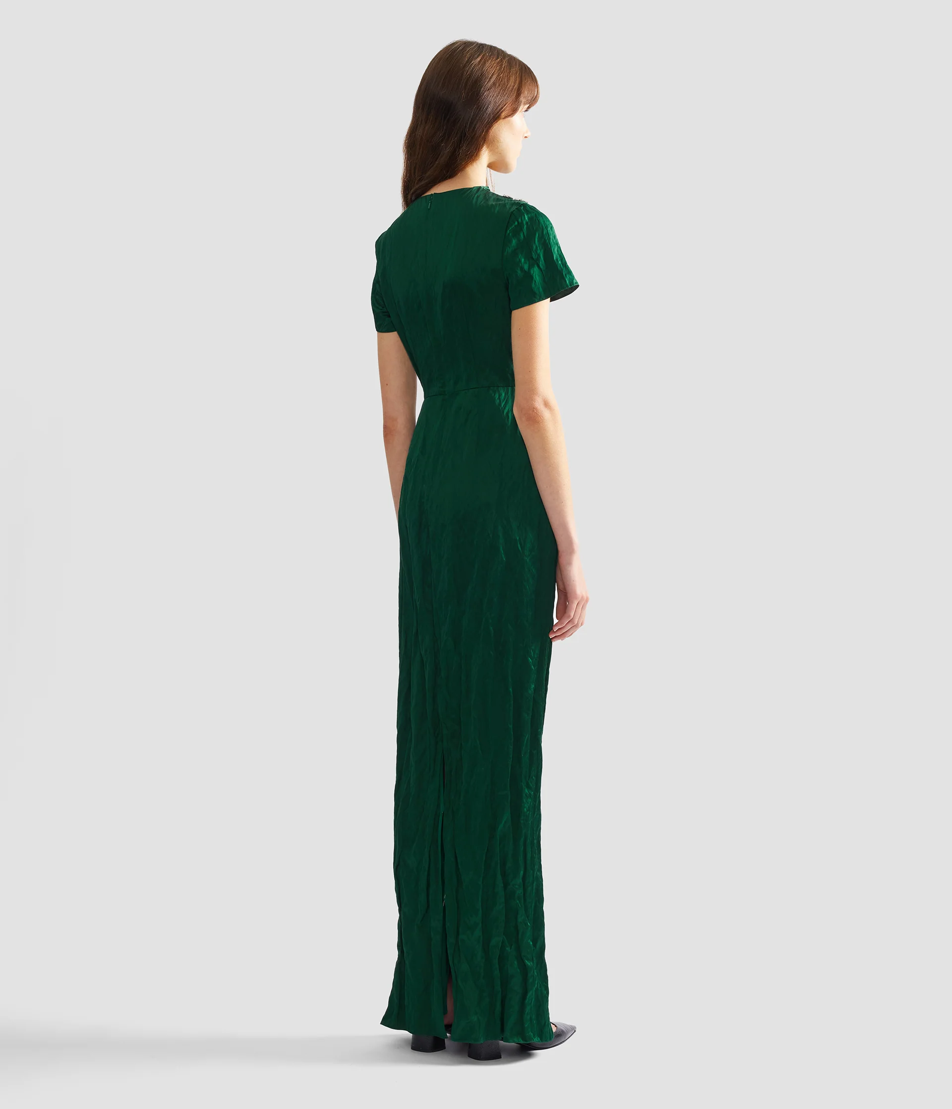 Embroidered Textured Satin Short Sleeve Gown - Image 3