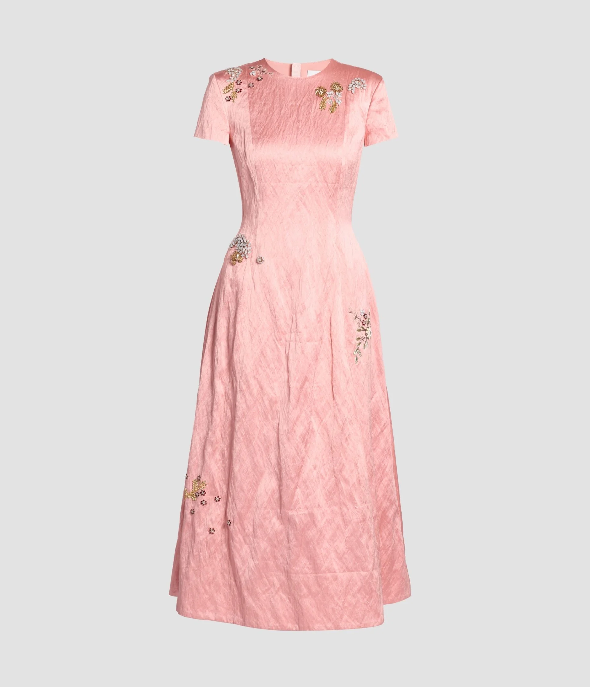 Emroidered Textured Satin Short Sleeve Midi Dress