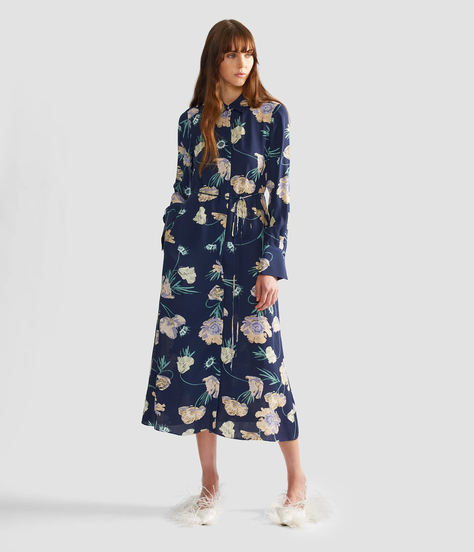 Floral Crepe Long Sleeve Midi Shirt Dress - Image 2