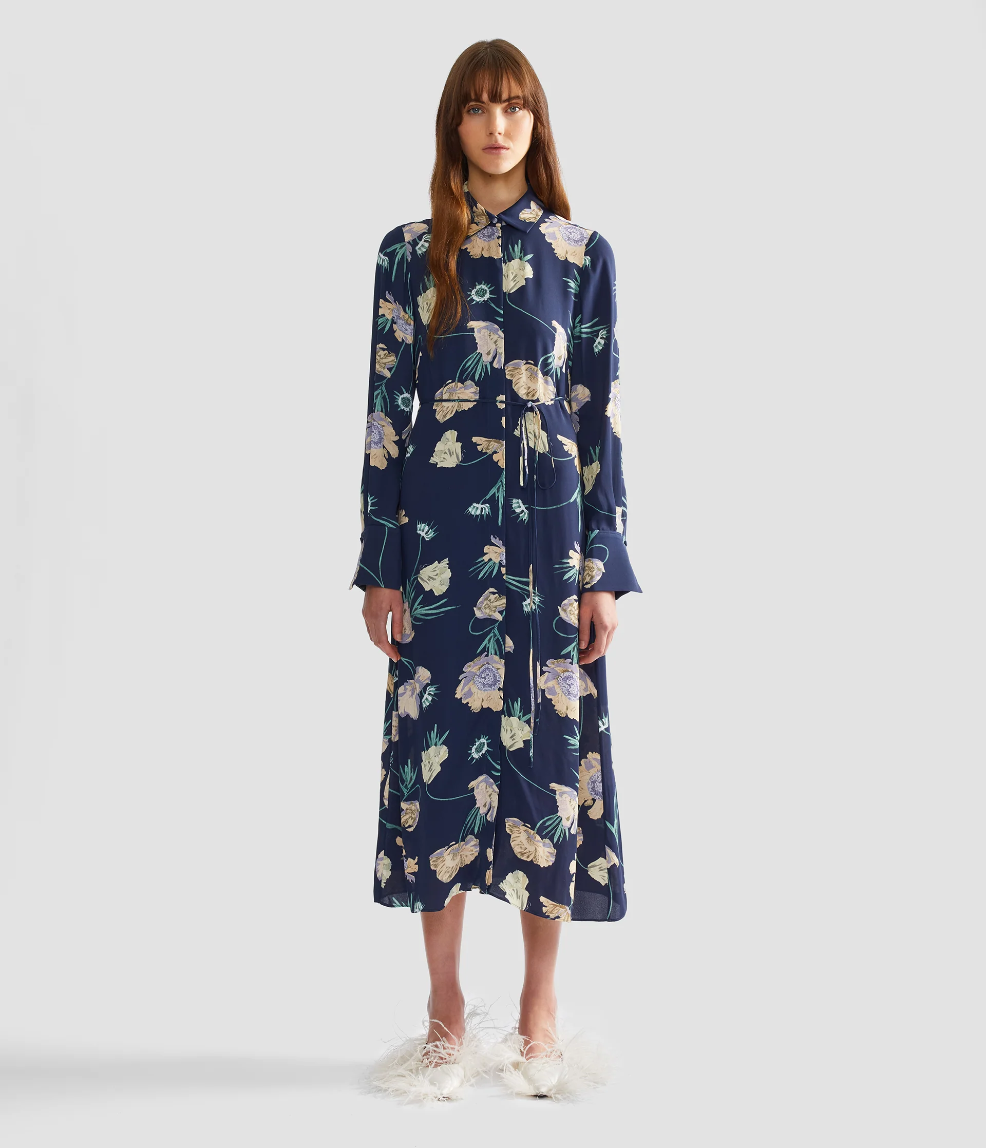 Floral Crepe Long Sleeve Midi Shirt Dress - Image 4
