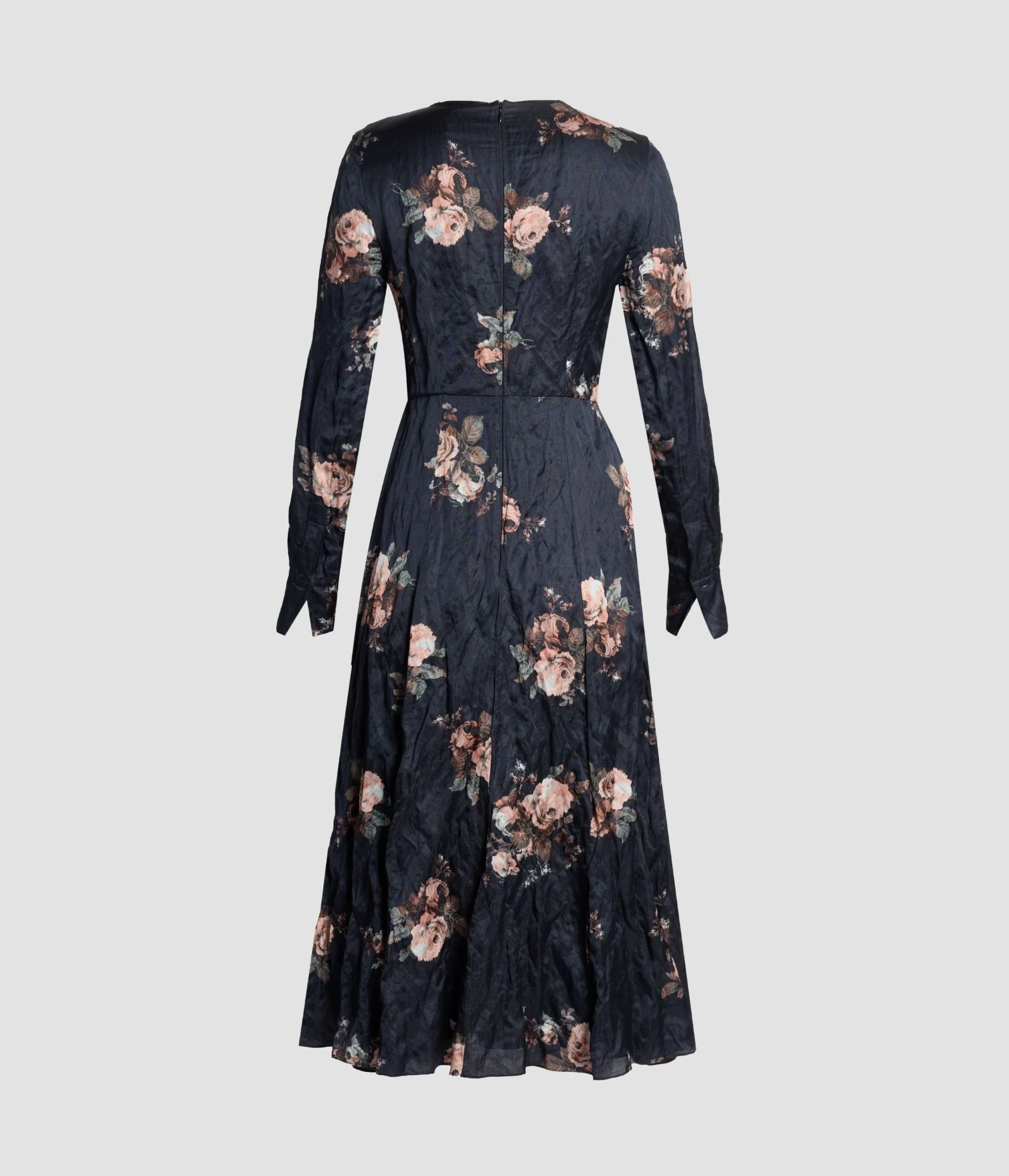 Floral Crushed Satin Long Sleeve Midi Dress - Image 2
