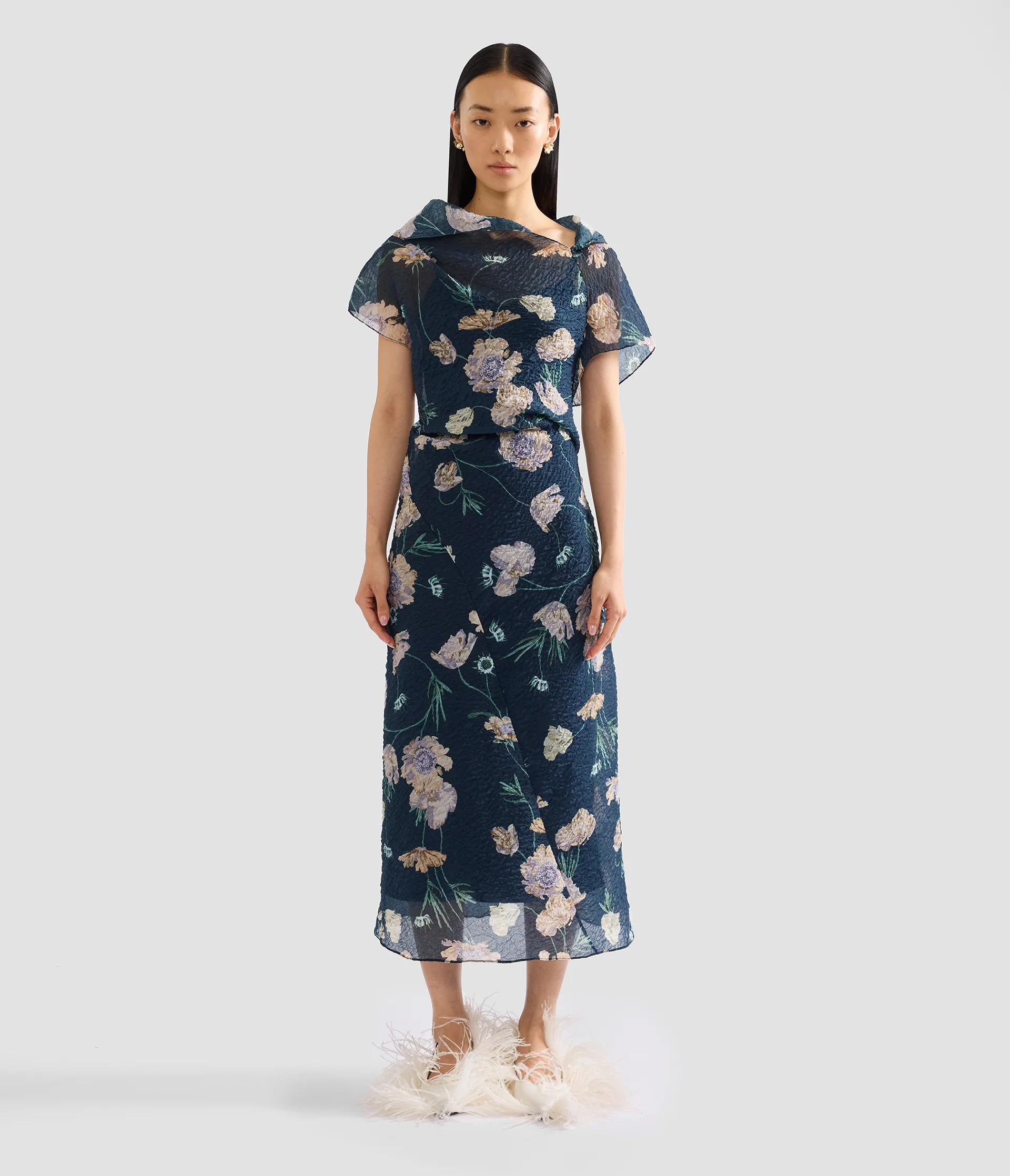 Floral Organza Cloque Asymmetric Midi Dress - Image 4