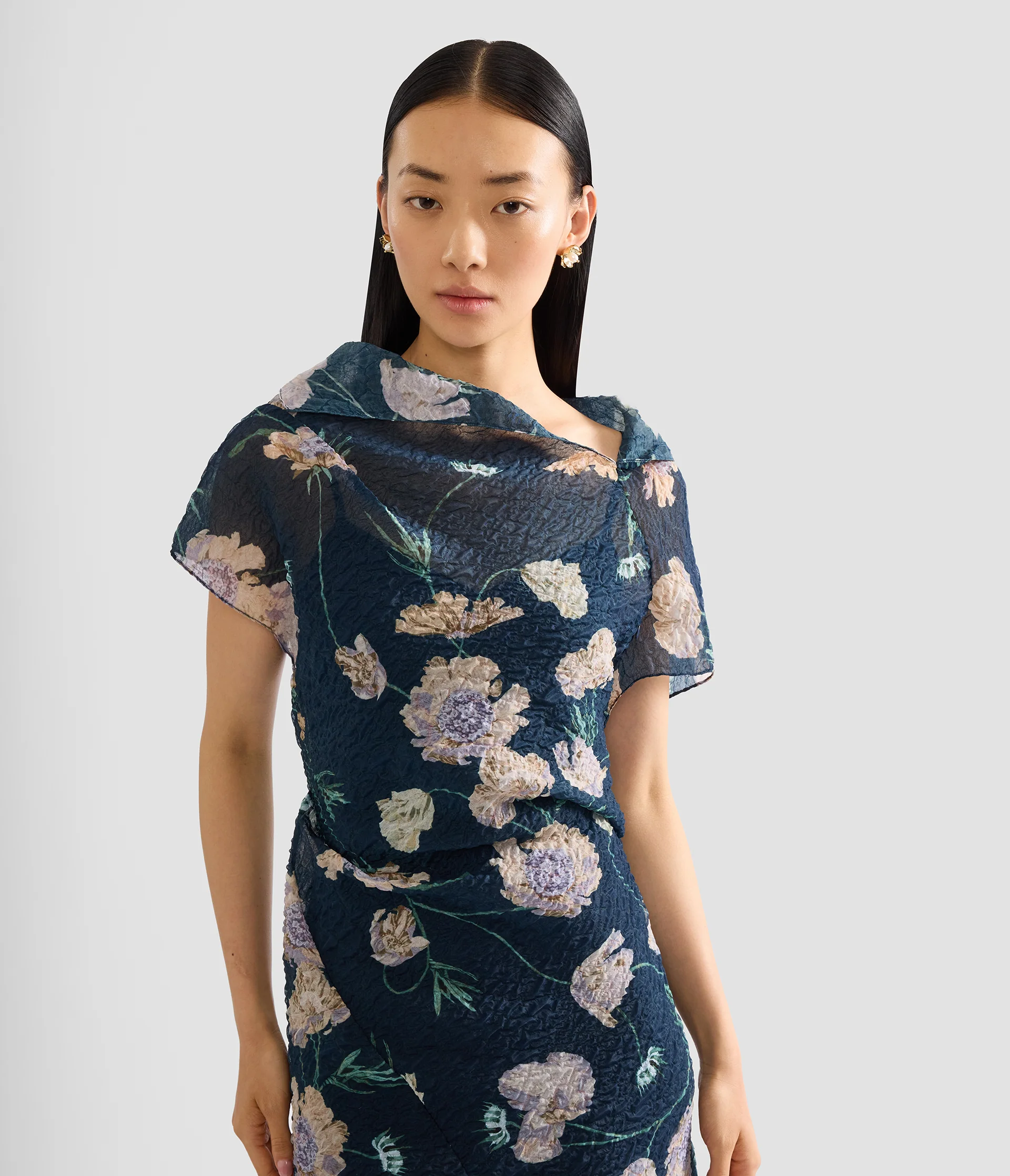 Floral Organza Cloque Asymmetric Midi Dress - Image 5