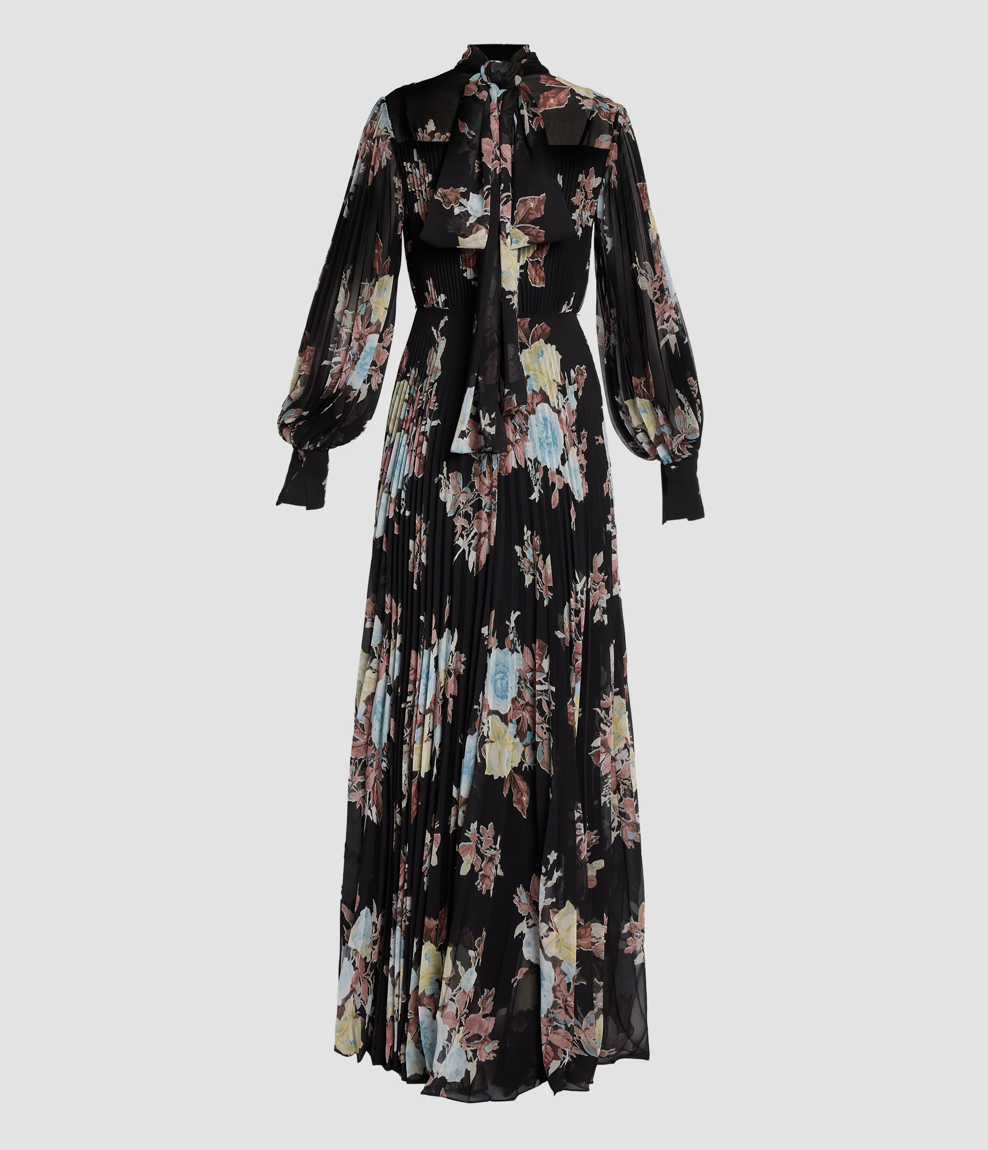 Floral Pleated Voile Long Sleeve Gown