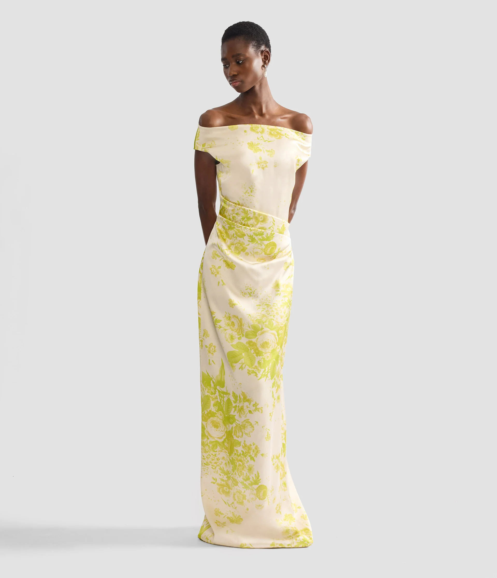 Floral Print Duchess Slashed Neckline Gown - Image 2
