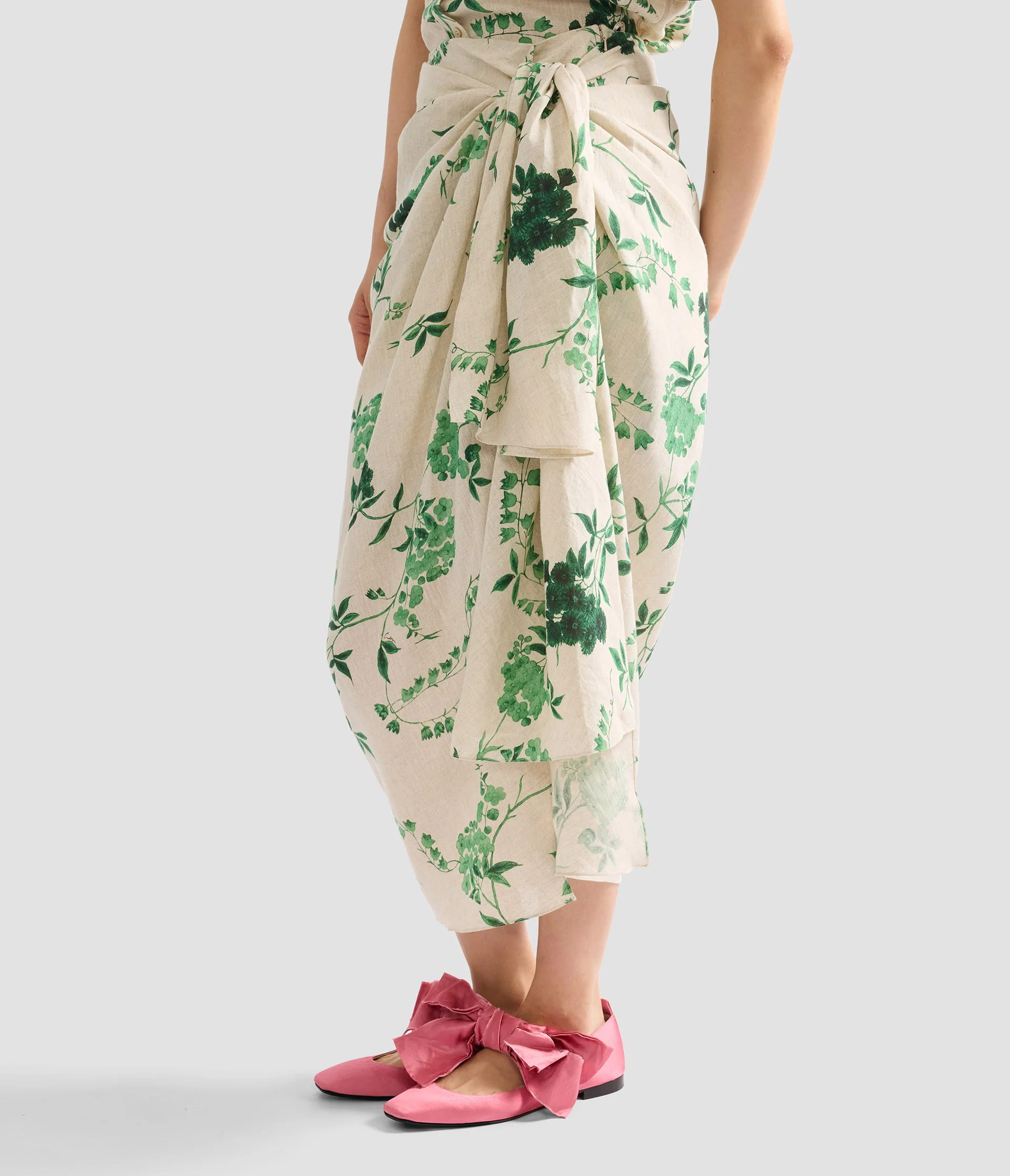 Floral Print Linen Drape Midi Skirt - Image 5