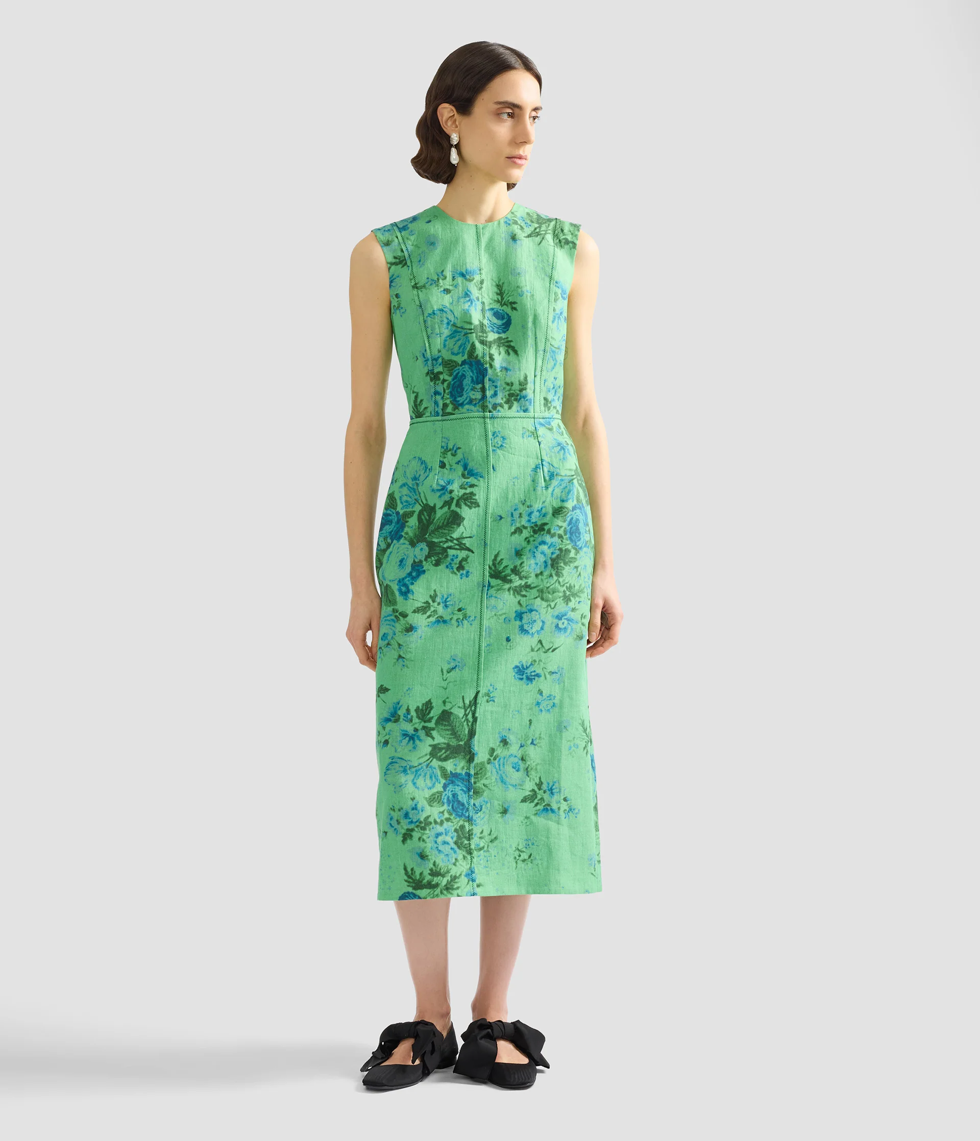Floral Print Linen Pencil Midi Dress - Image 2