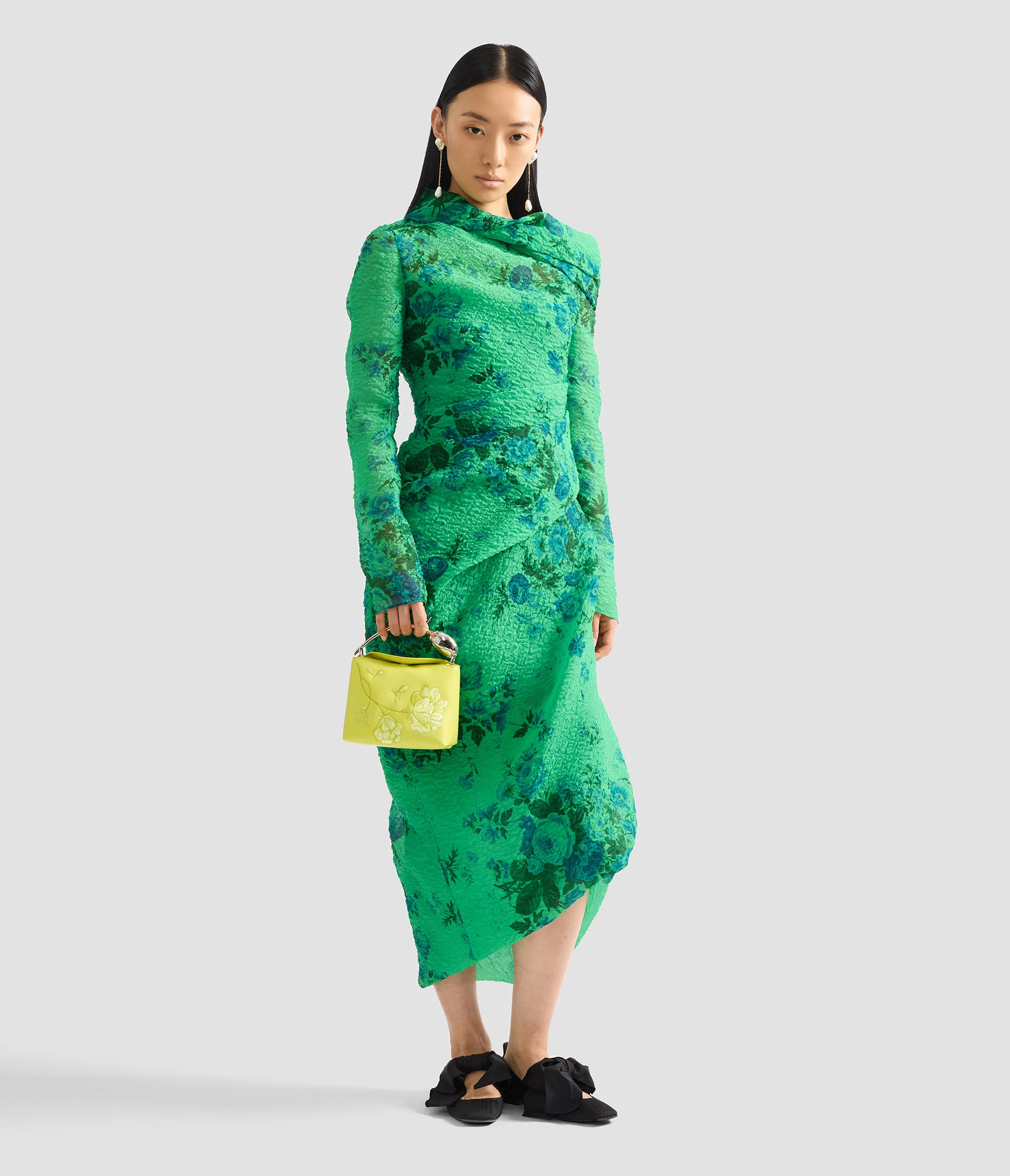 Floral Print Organza Cloque Draped Midi Dress - Image 2