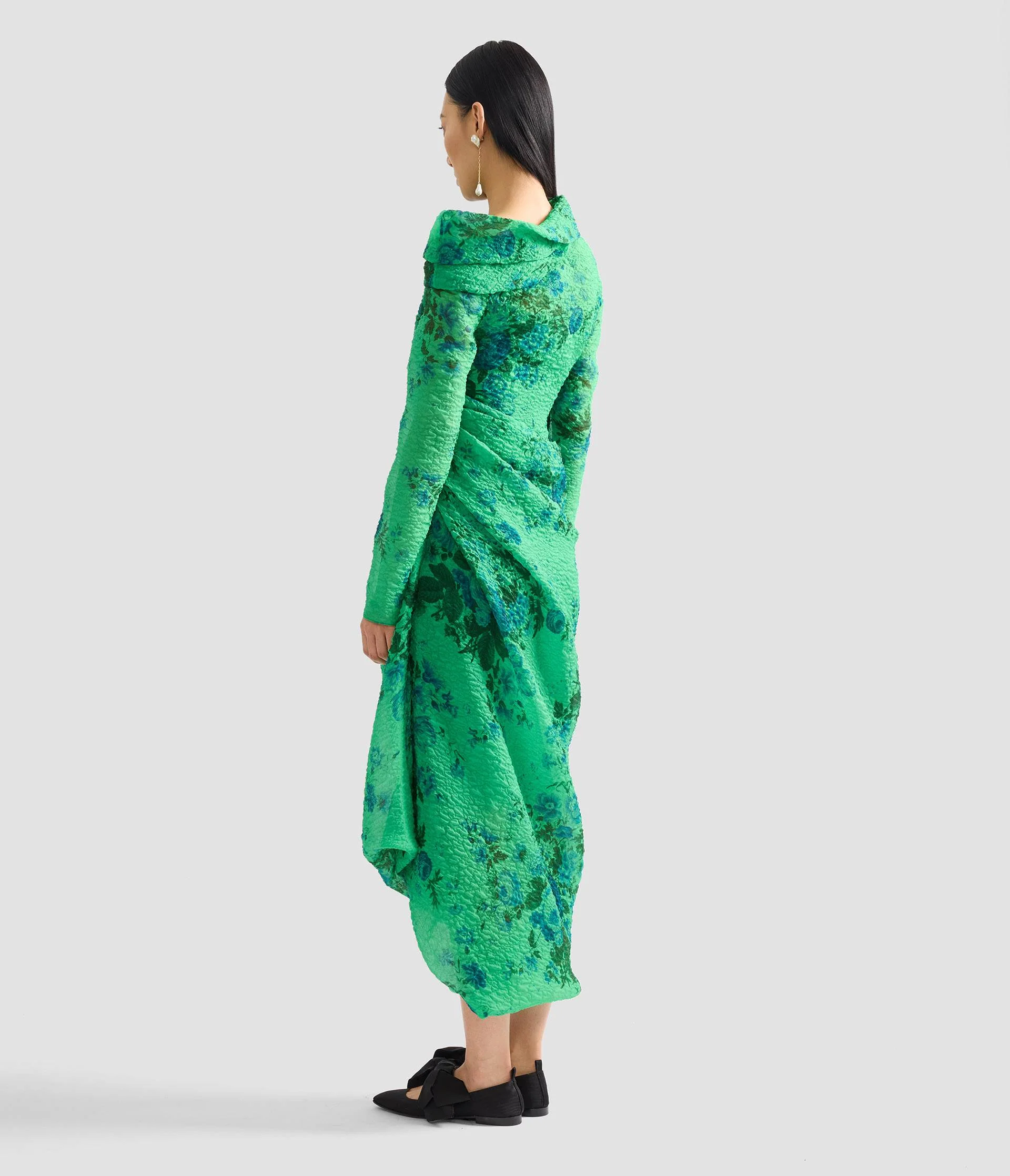 Floral Print Organza Cloque Draped Midi Dress - Image 3