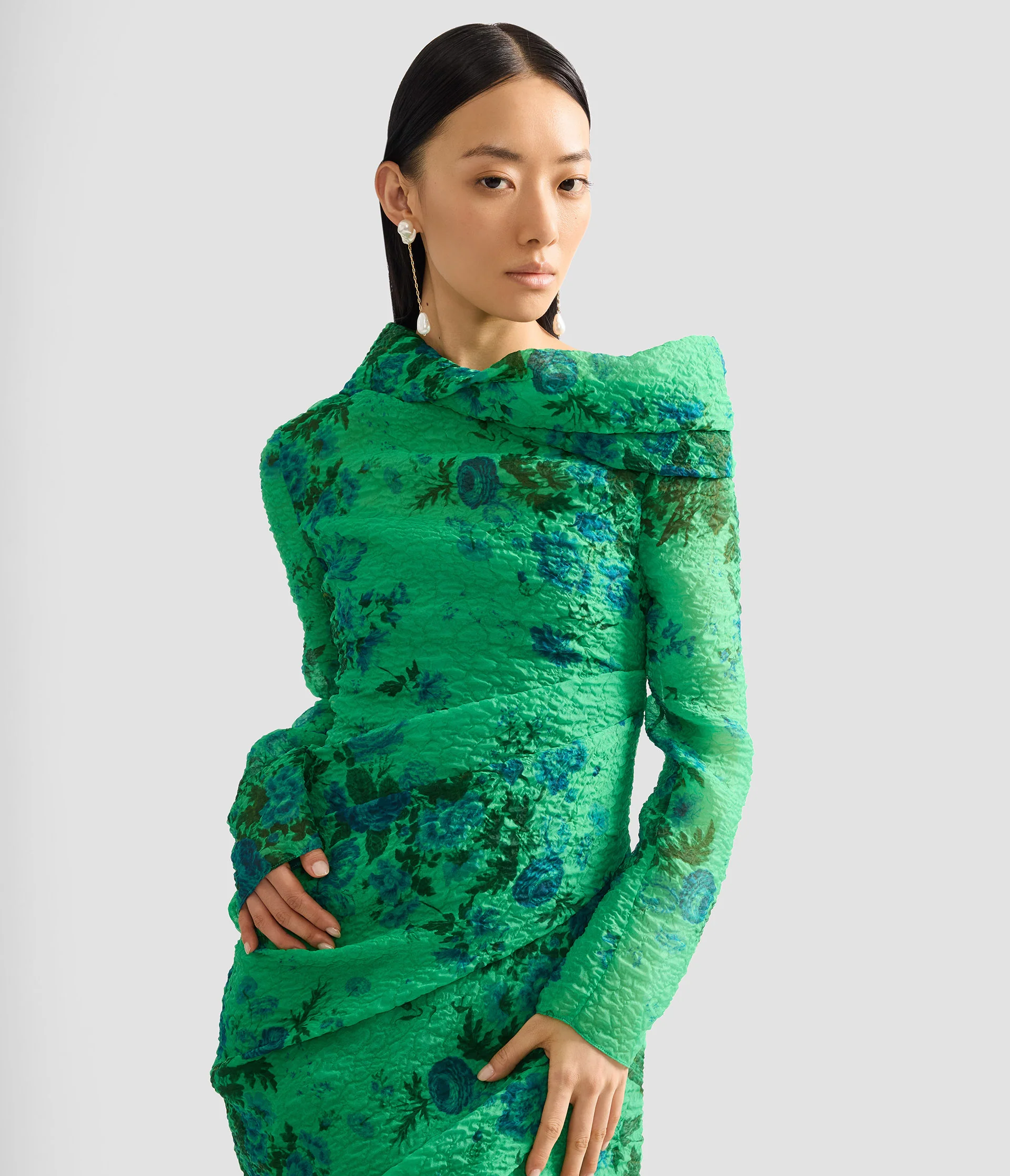 Floral Print Organza Cloque Draped Midi Dress - Image 4