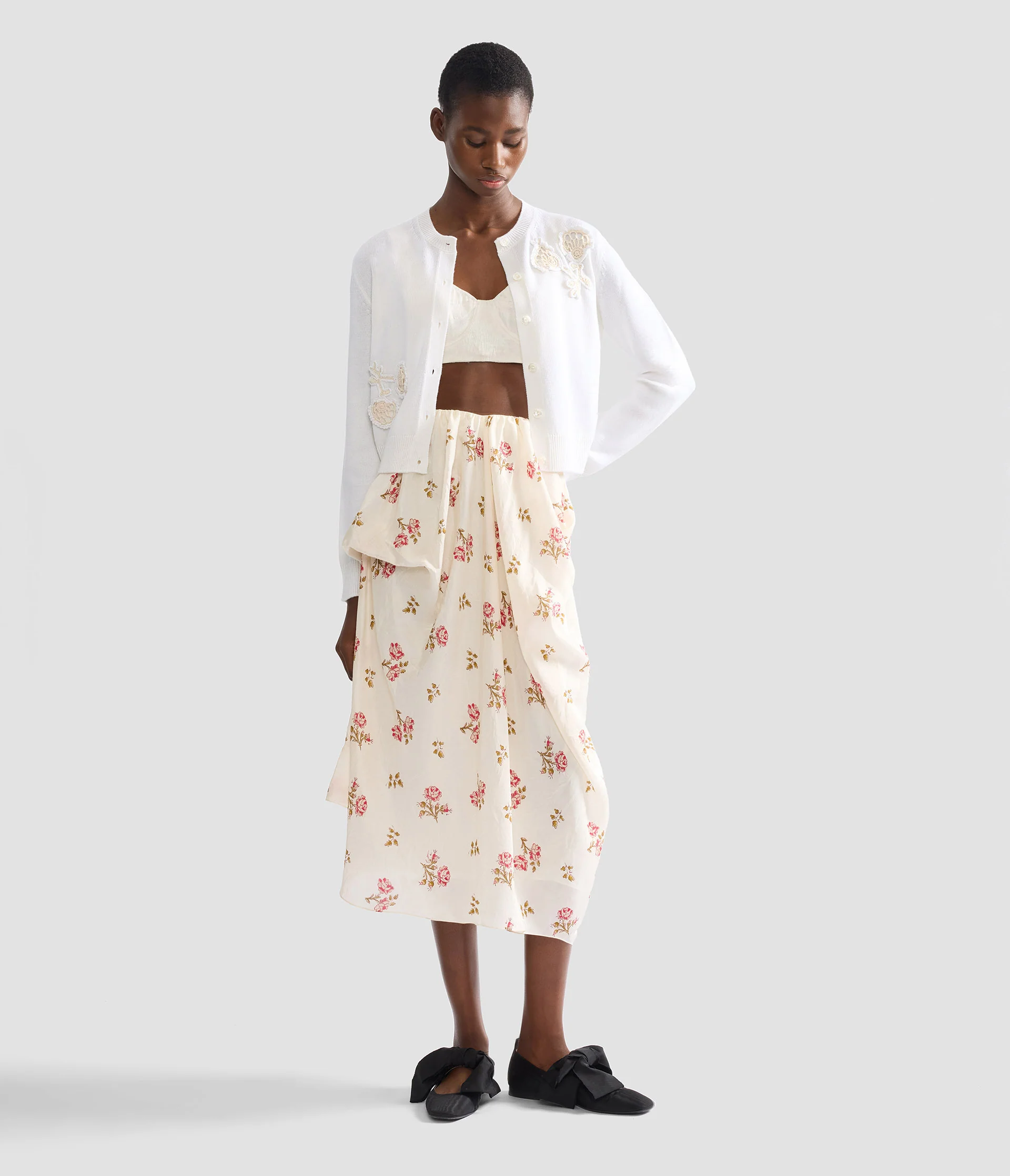 Floral Print Silk Draped Midi Skirt - Image 2