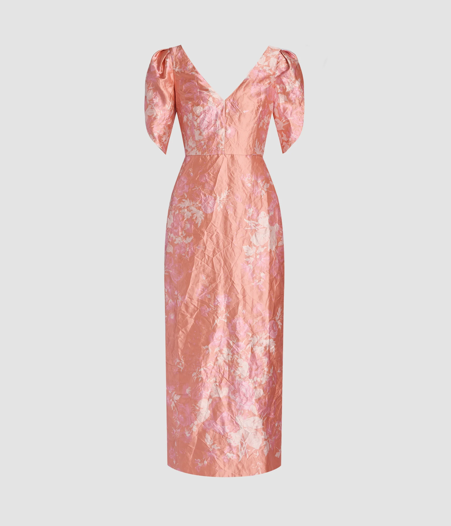 Floral Print Textured Satin Midi Pencil Dress