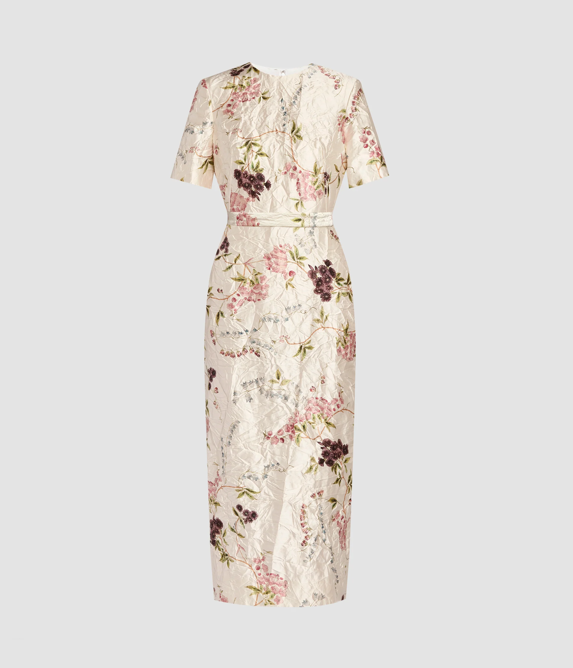 Floral Print Textured Satin Midi Pencil Dress