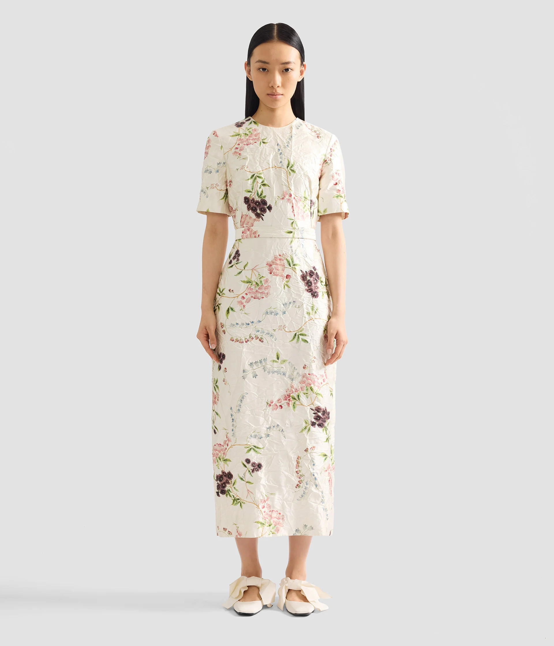 Floral Print Textured Satin Midi Pencil Dress - Image 4