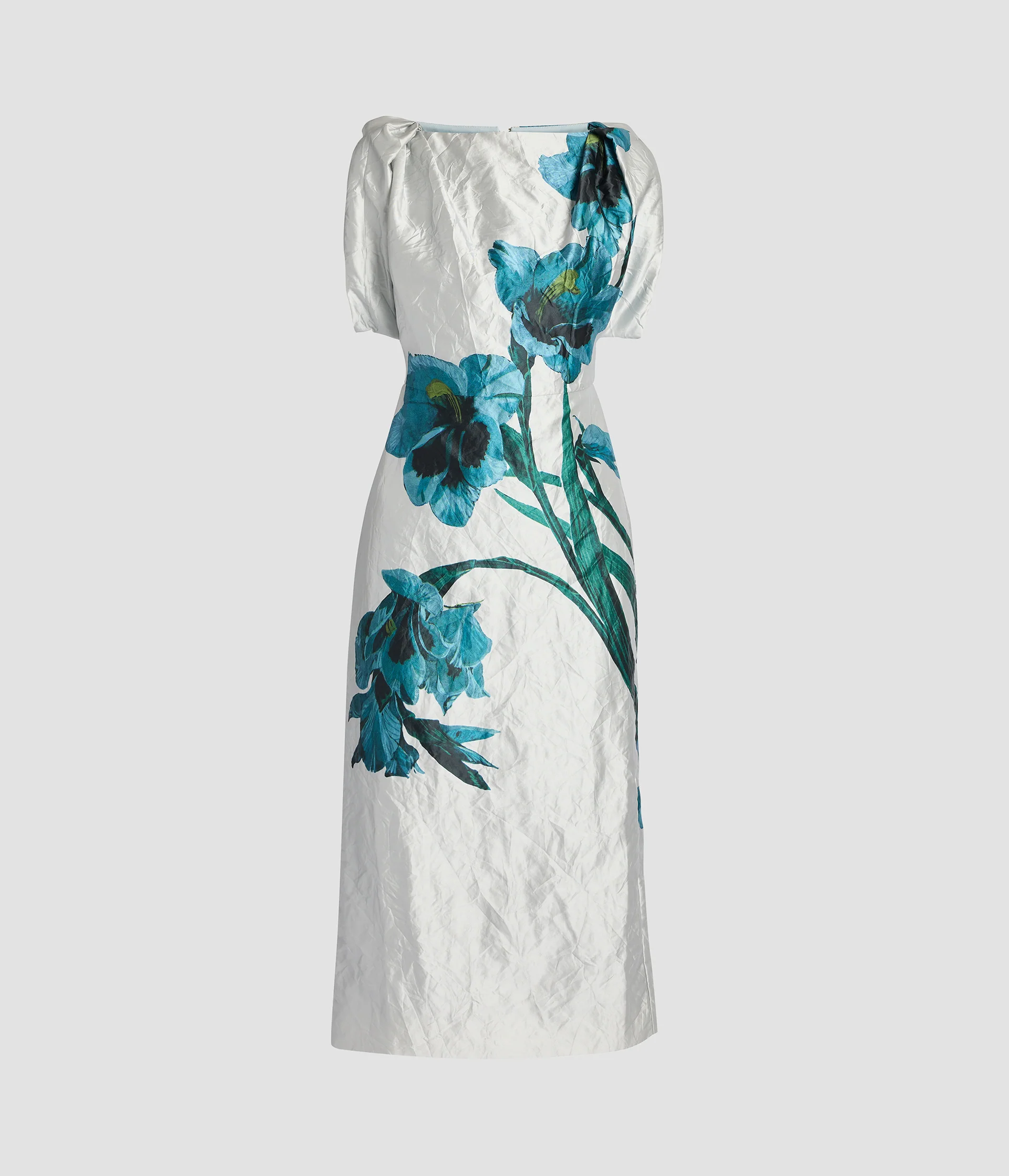 Floral Textured Satin Short Sleeve Midi Dress