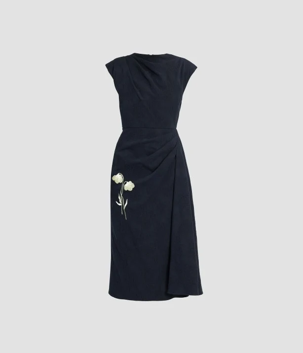 Flower Jacquard Draped Midi Dress