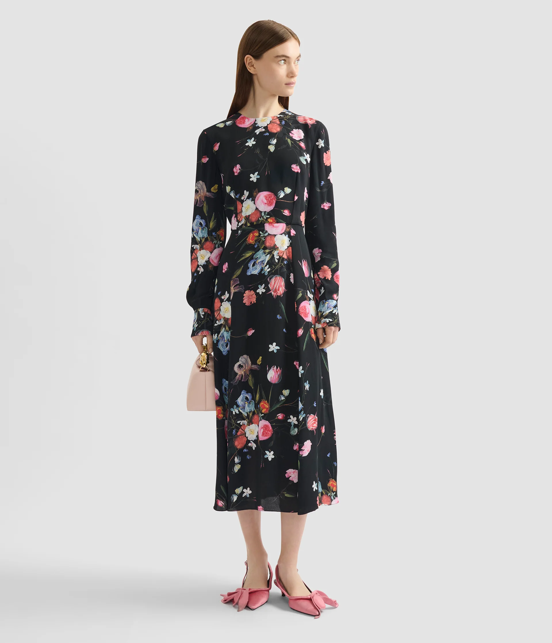 Floral Print Crepe Long Sleeve Midi Dress - Image 2