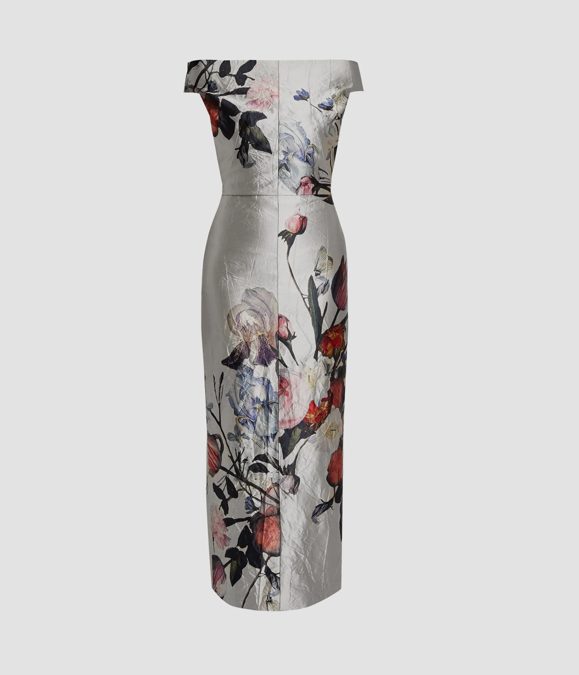 Floral Print Textured Satin Off-The-Shoulder Gown