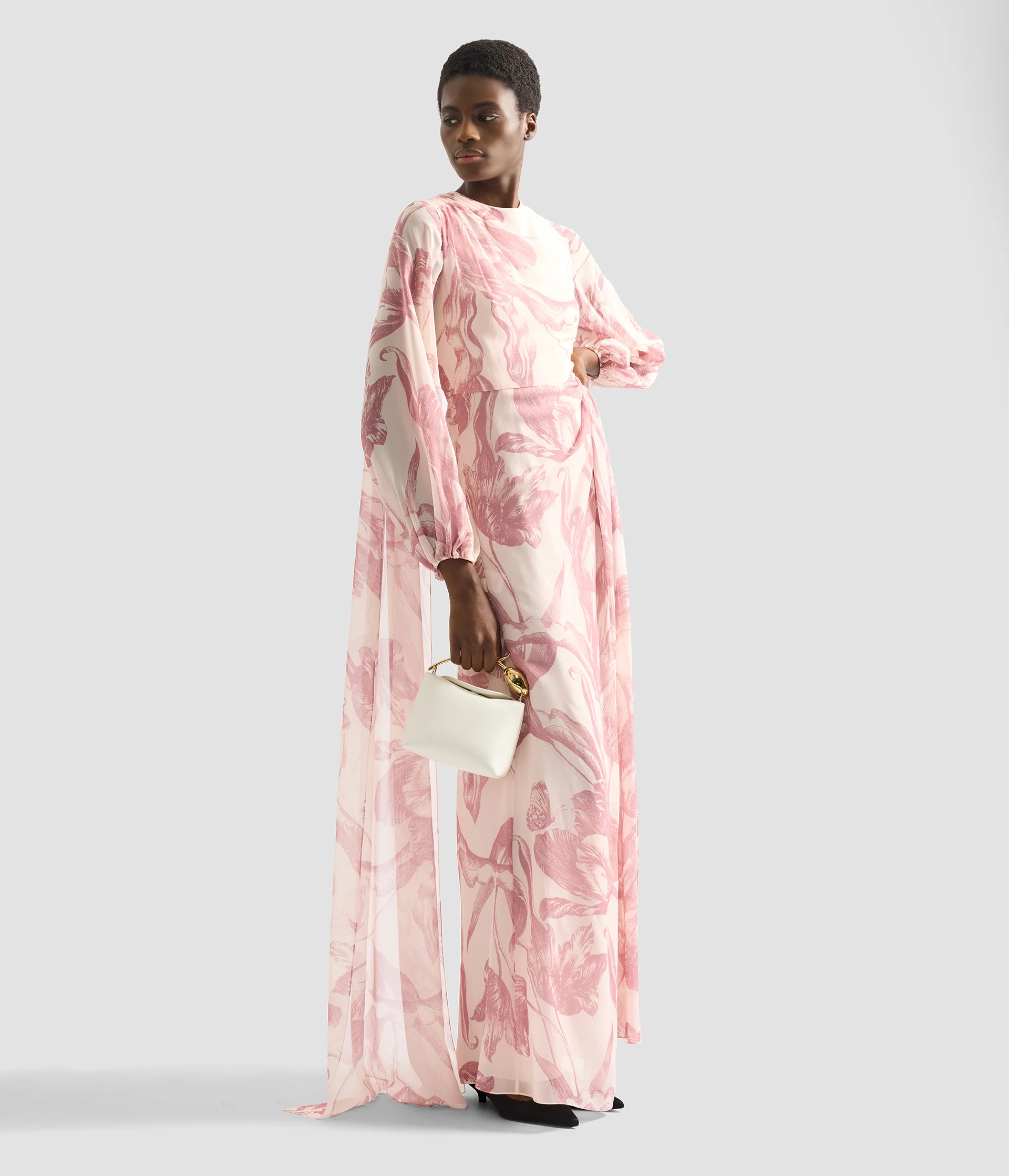 Draped Floral Print Silk Voile Gown - Image 2