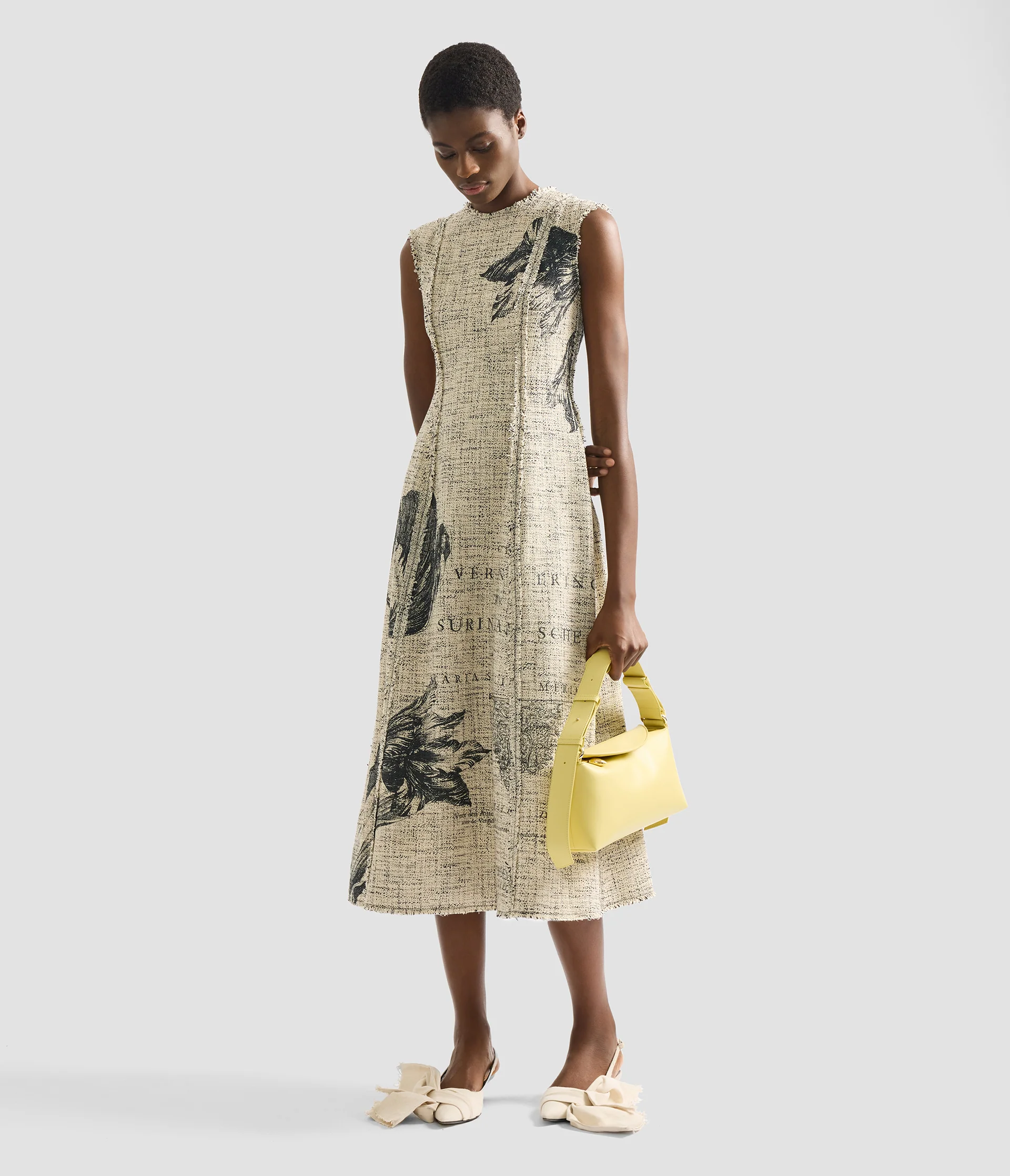 Floral Print Mouline Tweed Sleeveless Midi Dress - Image 2