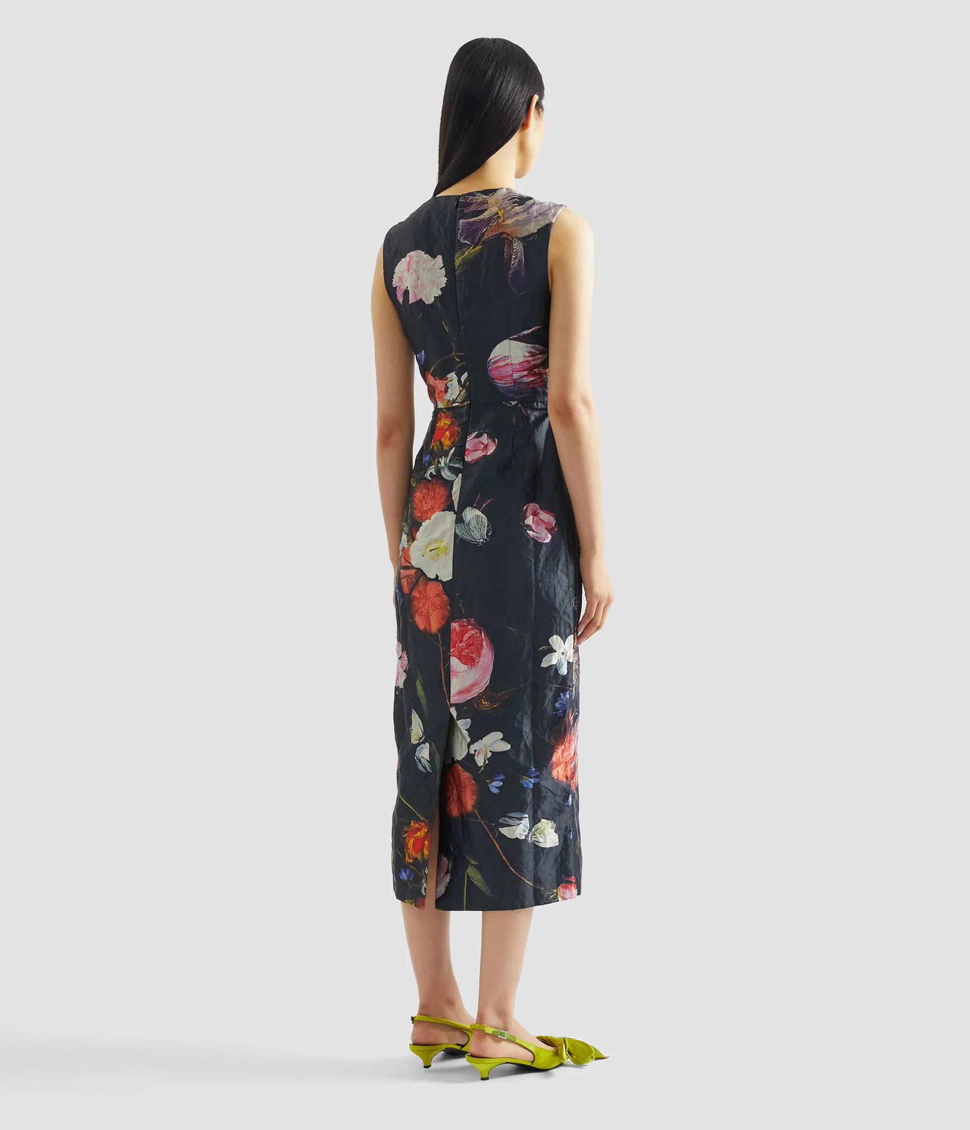 Floral Print Textured Satin Sleeveless Midi Dress - Image 3