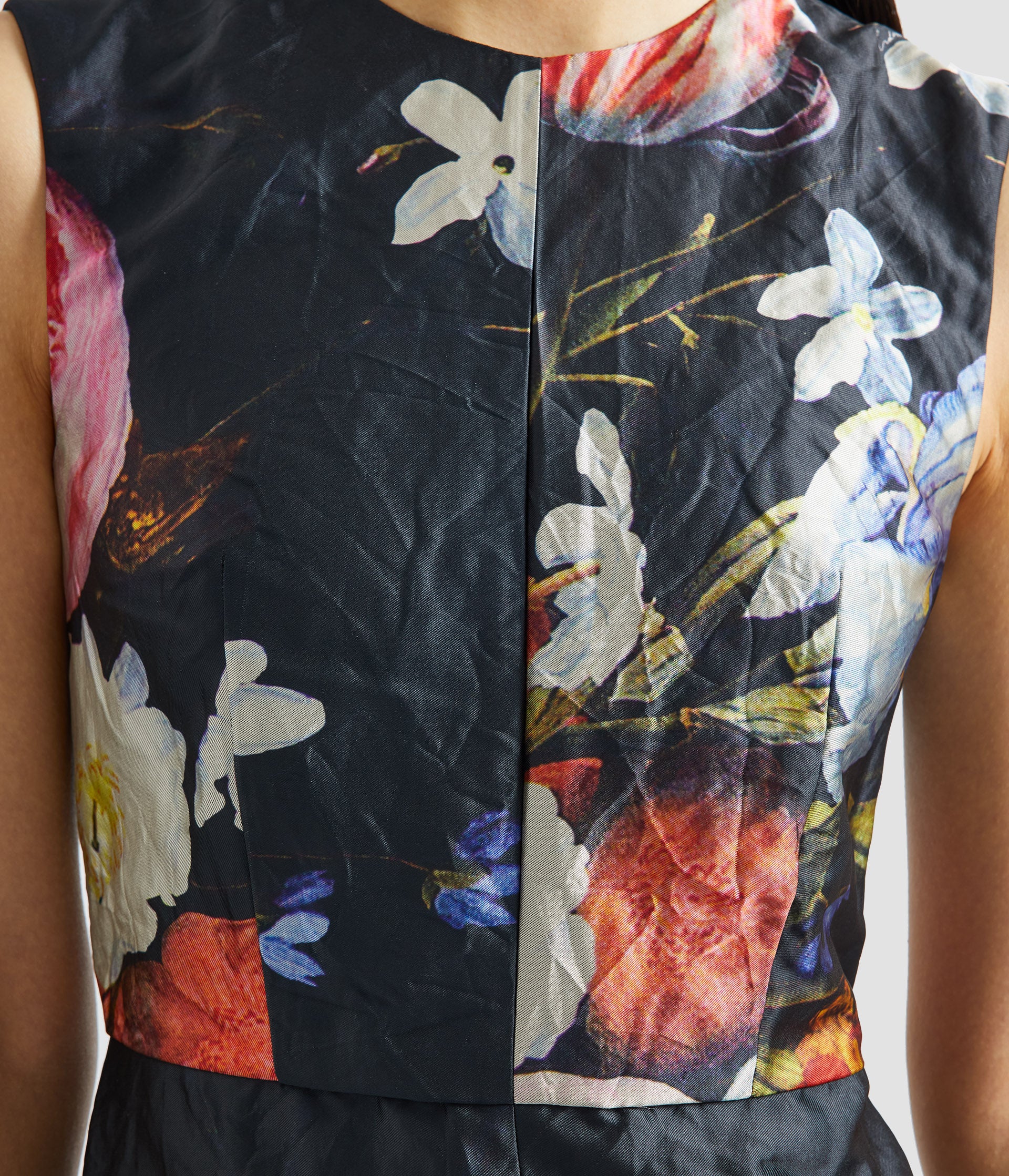 Floral Print Textured Satin Sleeveless Midi Dress - Image 5